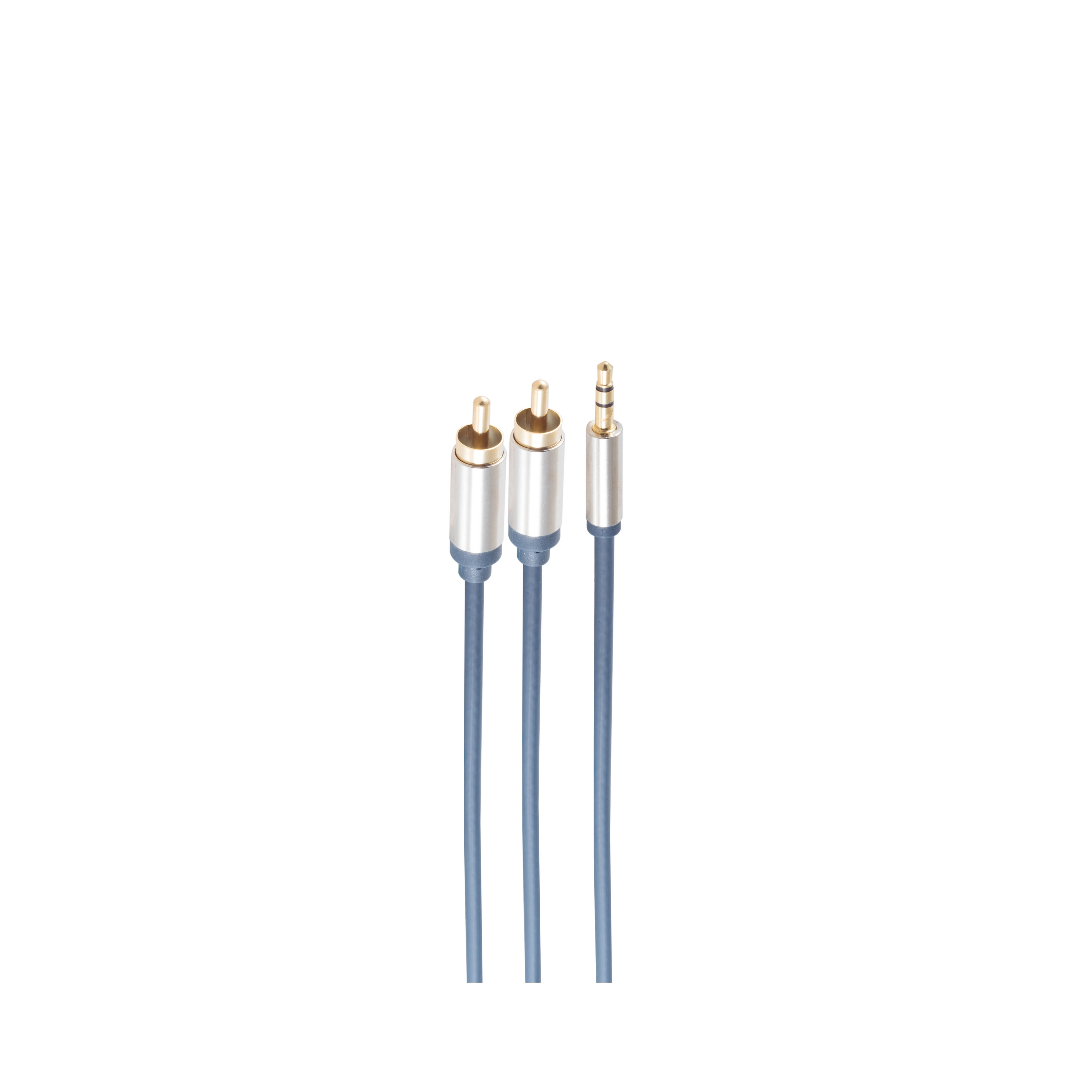 Drei Audiokabel mit silbernen Steckern und blauen Drähten auf weißem Hintergrund.