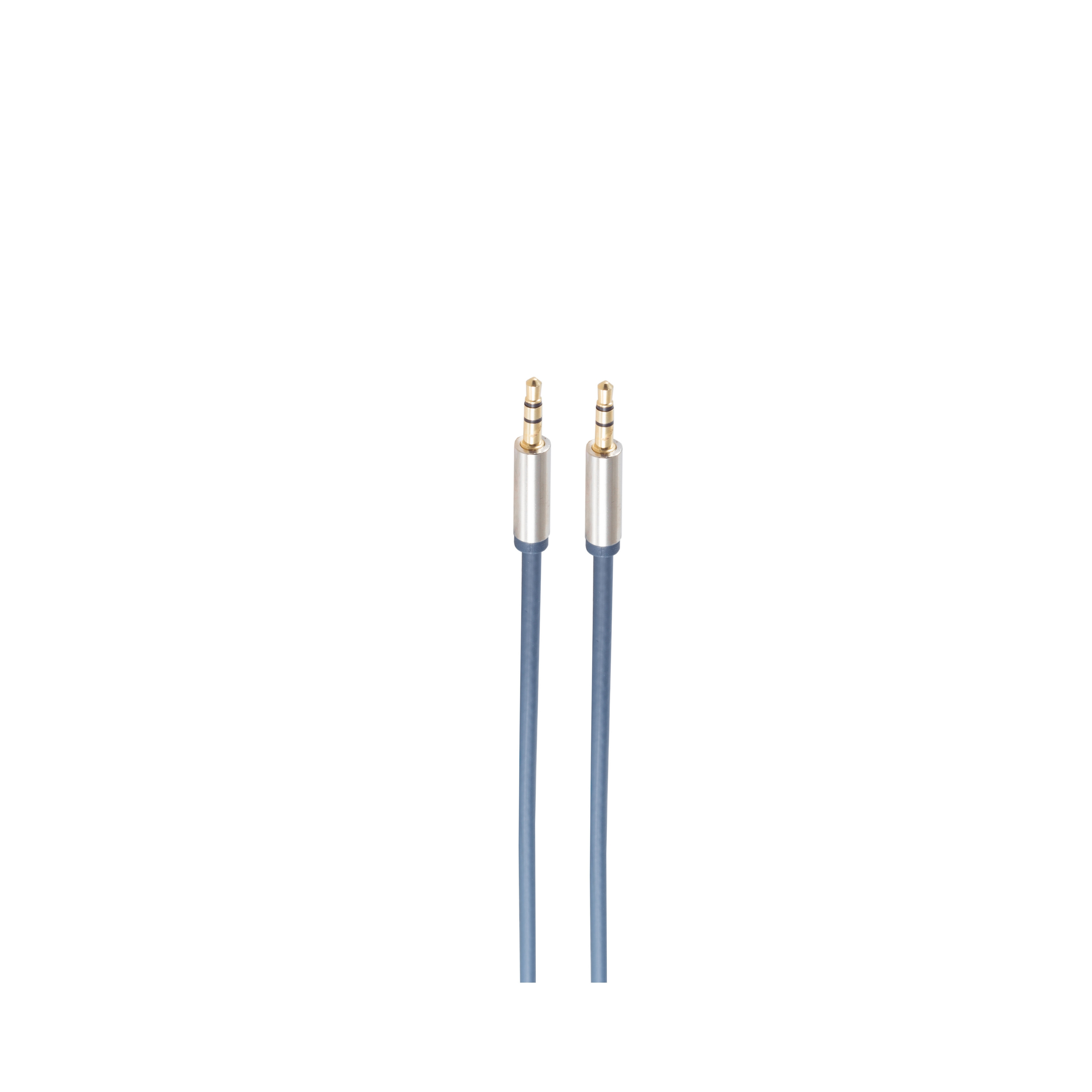 Zwei blaue Audiokabel mit silbernen Steckern auf weißem Hintergrund.