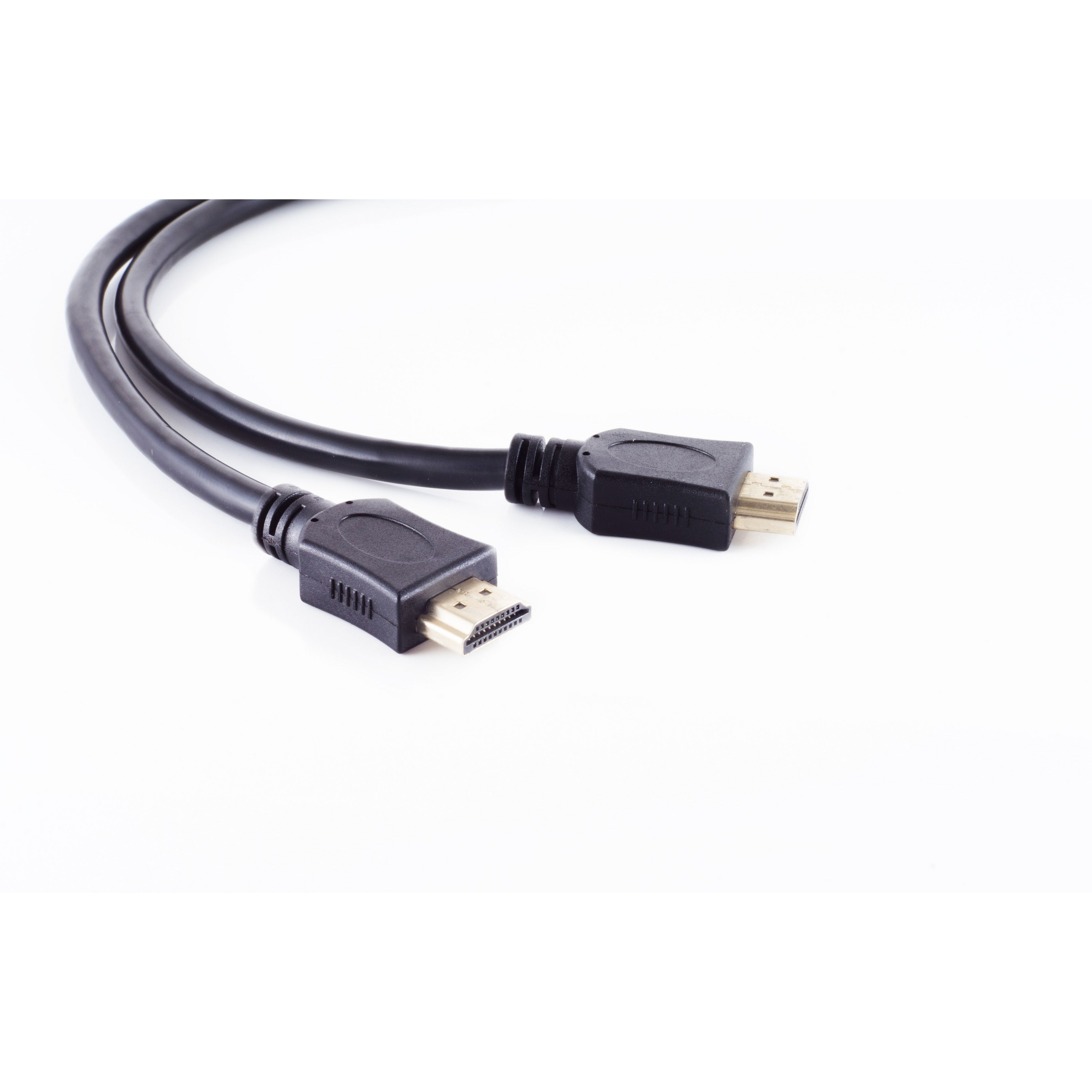 Schwarzes HDMI-Kabel mit Steckern an beiden Enden, auf weißem Hintergrund.