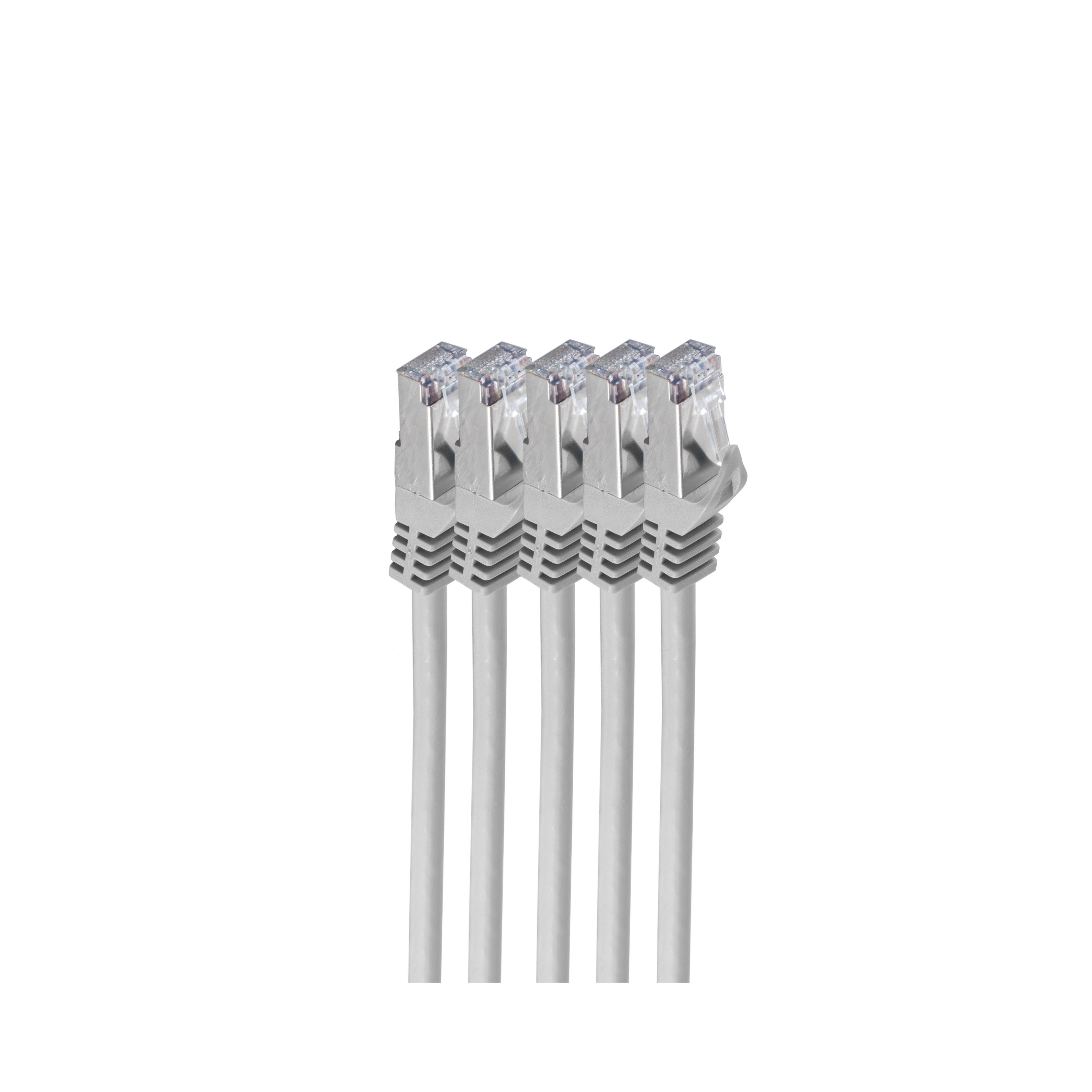Un gruppo di cinque cavi Ethernet bianchi con connettori argentati, su sfondo bianco.