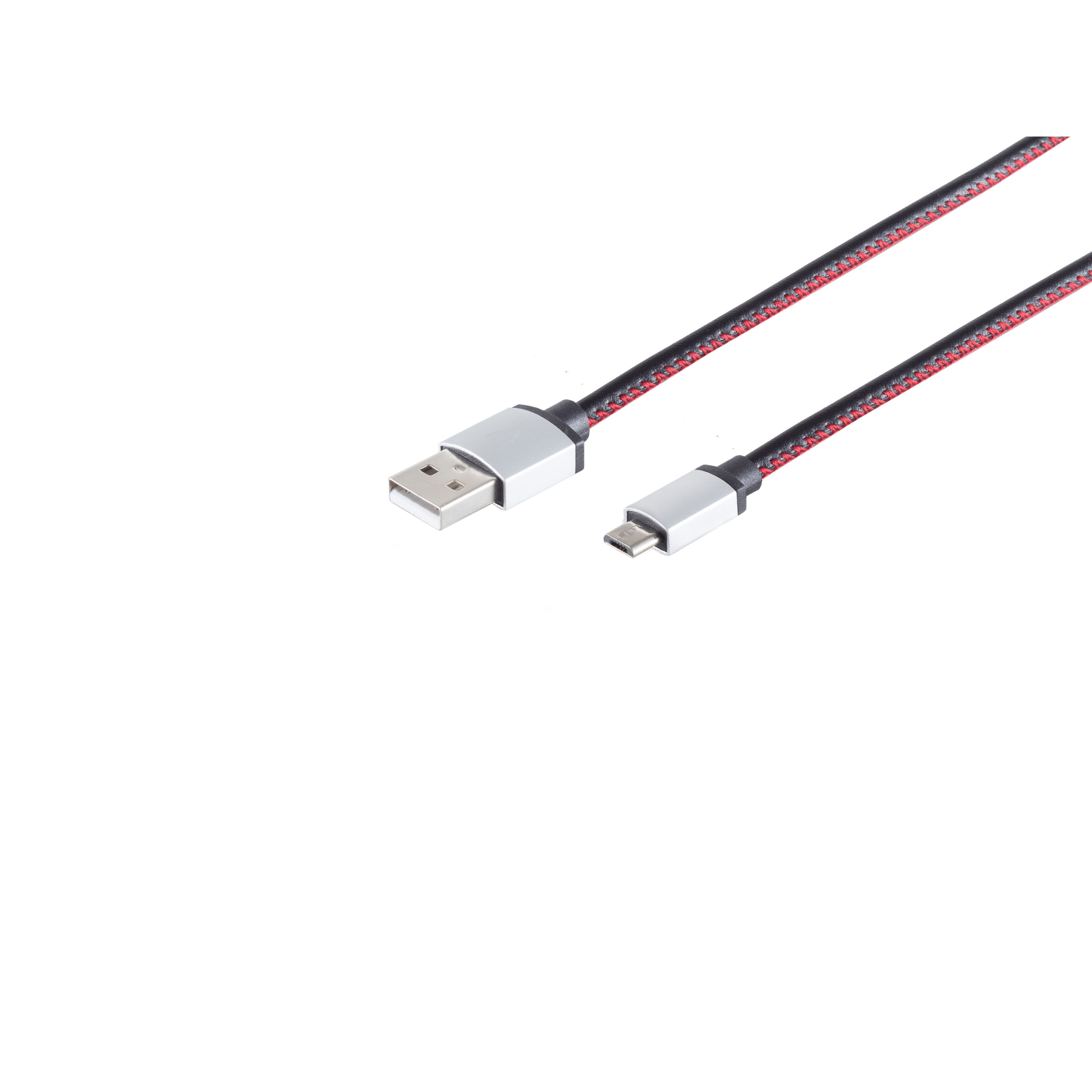 Cavo USB nero e rosso con connettore USB-A e Micro-USB su sfondo bianco.