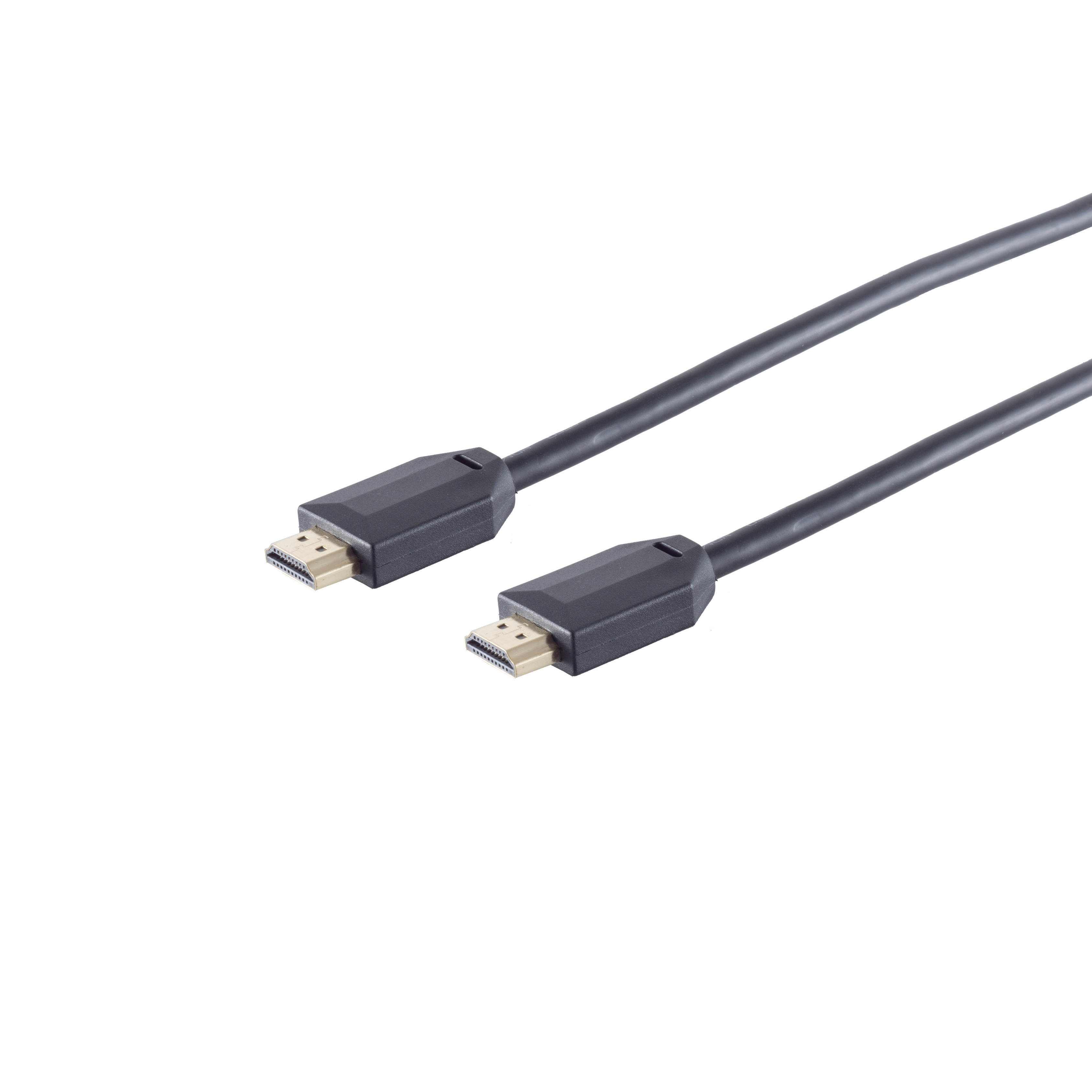 Schwarzes HDMI-Kabel mit Anschlüssen an beiden Enden, abgewinkelt auf weißem Hintergrund.