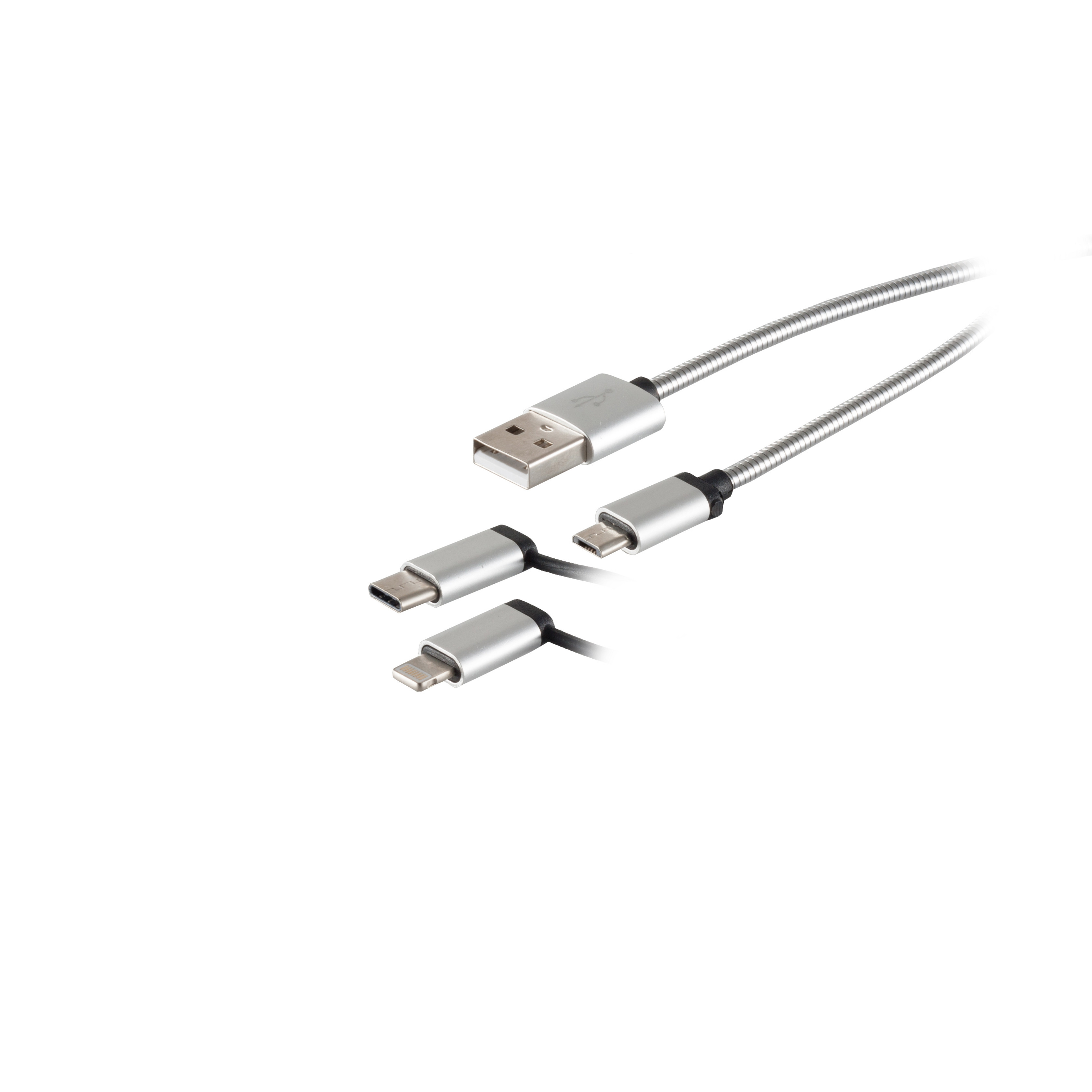 Silberne USB-auf-Mehrfach-Kabeladapter mit USB-A-, Typ-C- und Lightning-Anschlüssen auf weißem Hintergrund.