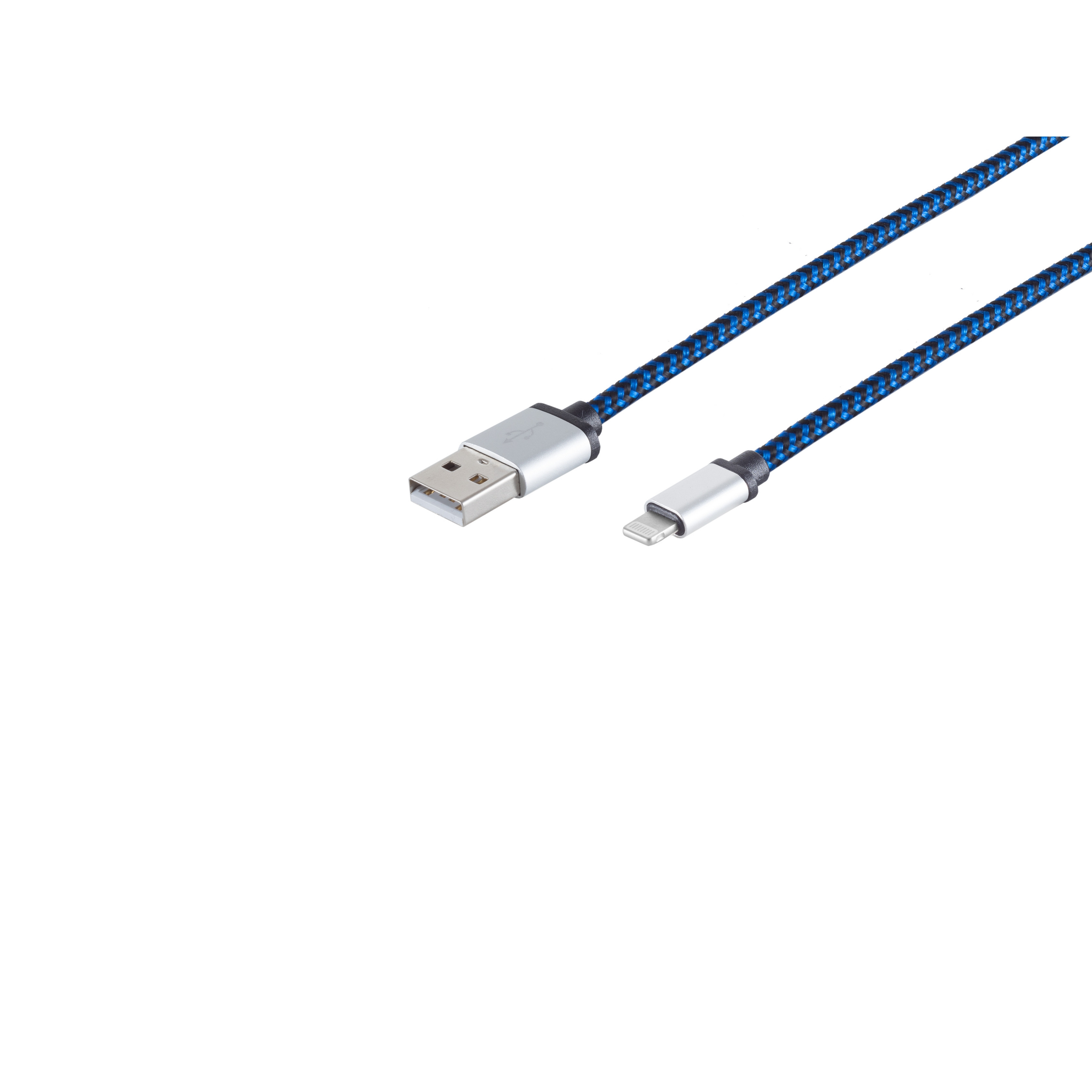 Cavo da USB a lightning con cavo intrecciato blu e nero.