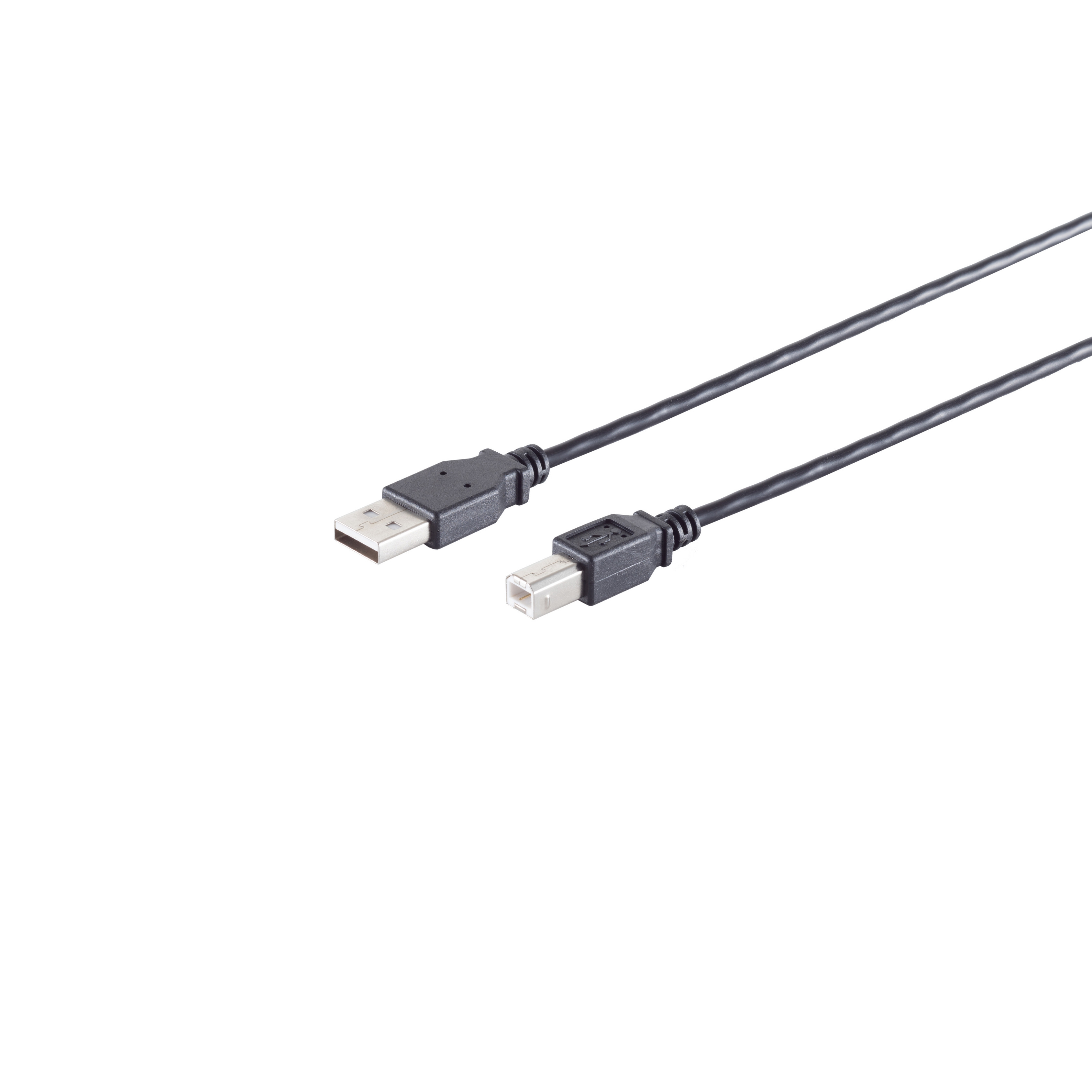Schwarzes USB-Kabel mit USB-A- und USB-B-Anschlüssen auf weißem Hintergrund.
