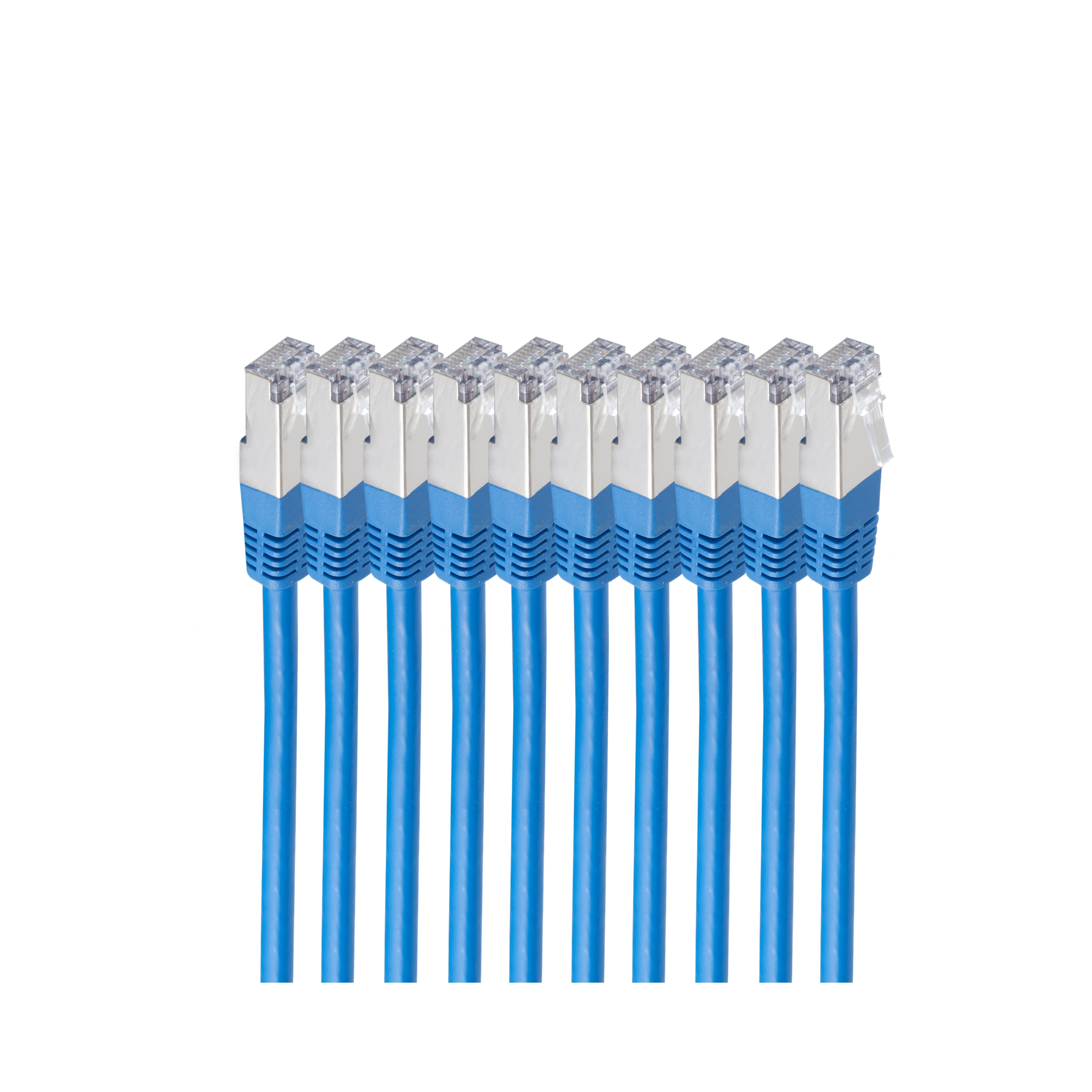 Mehrere blaue Netzwerkkabel mit RJ45-Anschlüssen.