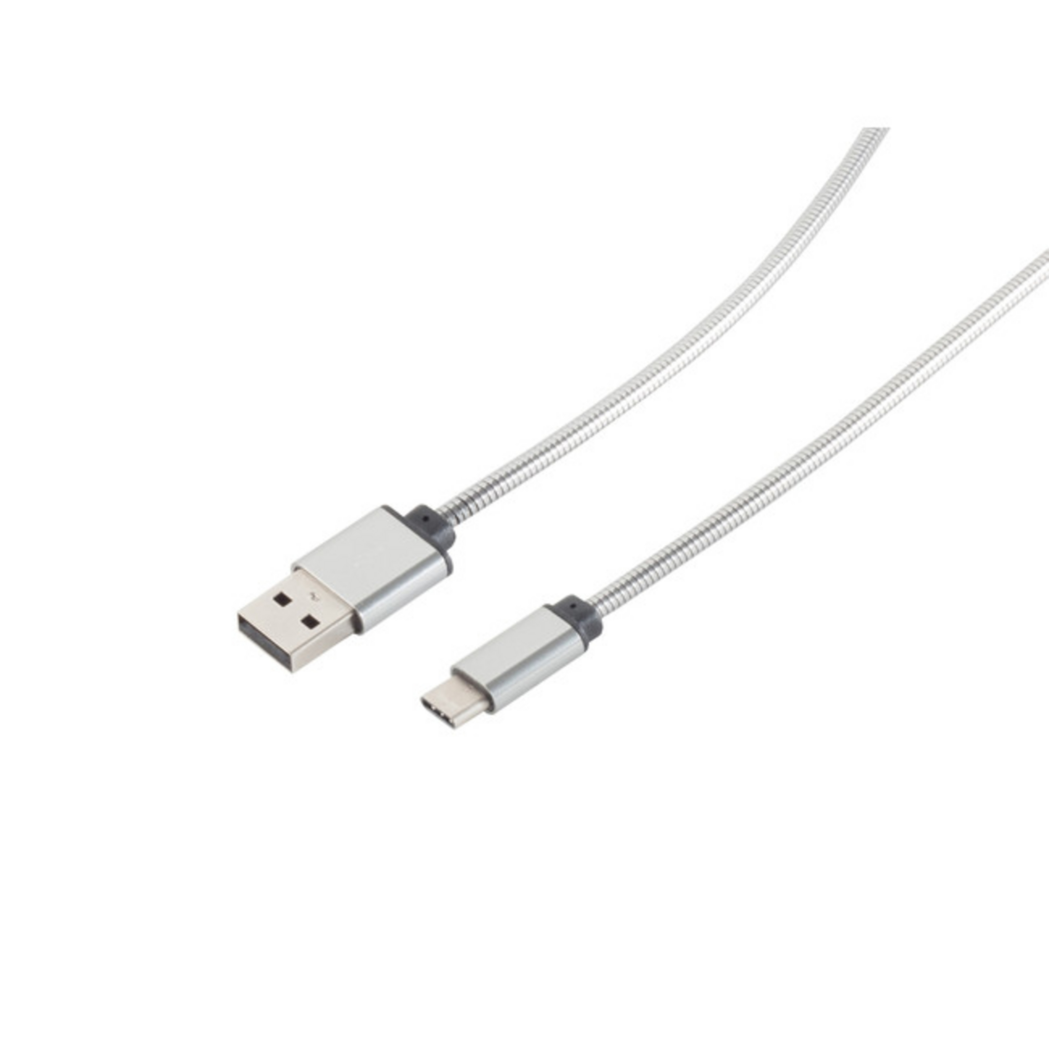USB-zu-USB-C-Kabel. Silbernes Kabel mit silbernen Anschlüssen auf weißem Hintergrund.