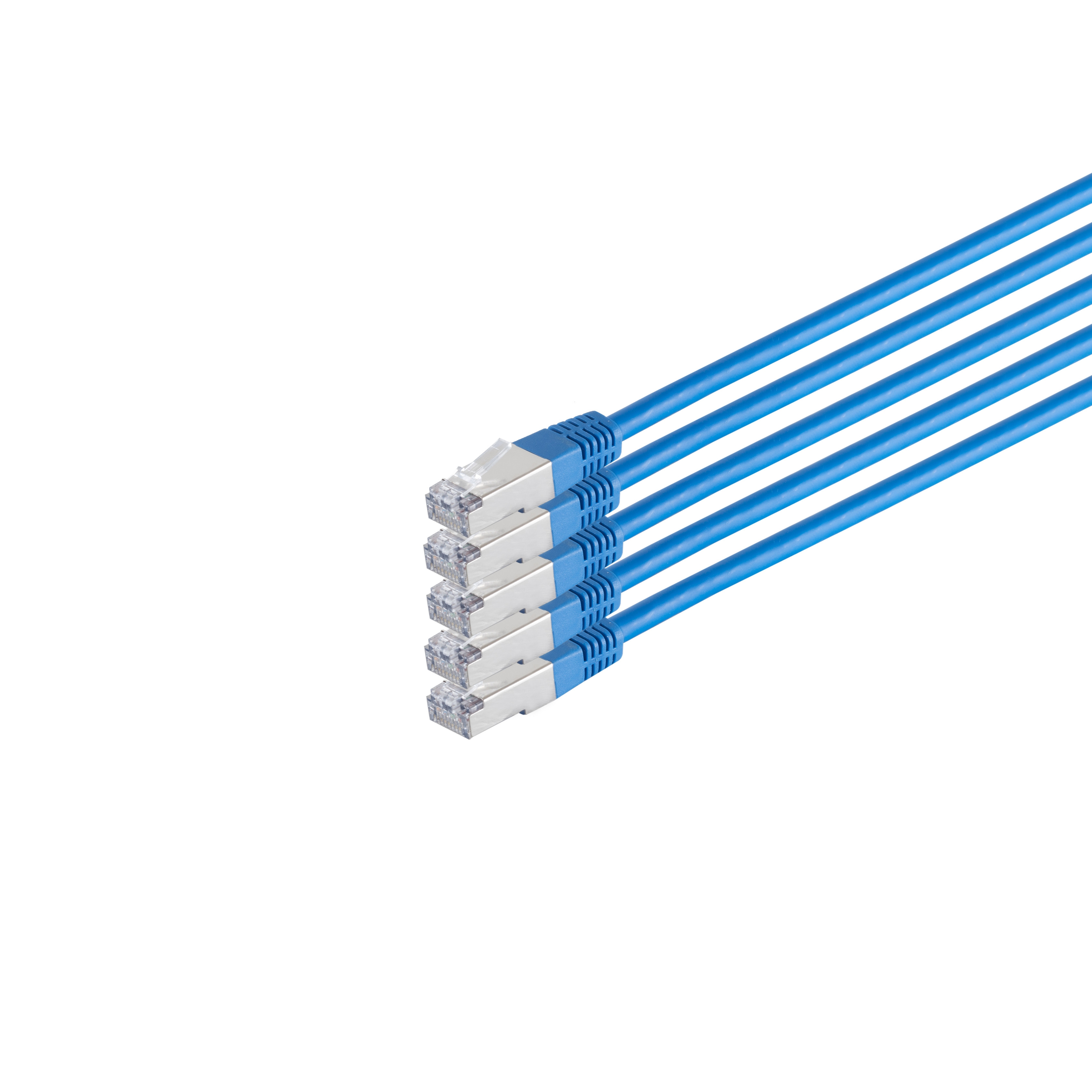 Fünf blaue Ethernet-Kabel mit RJ45-Anschlüssen auf weißem Hintergrund.