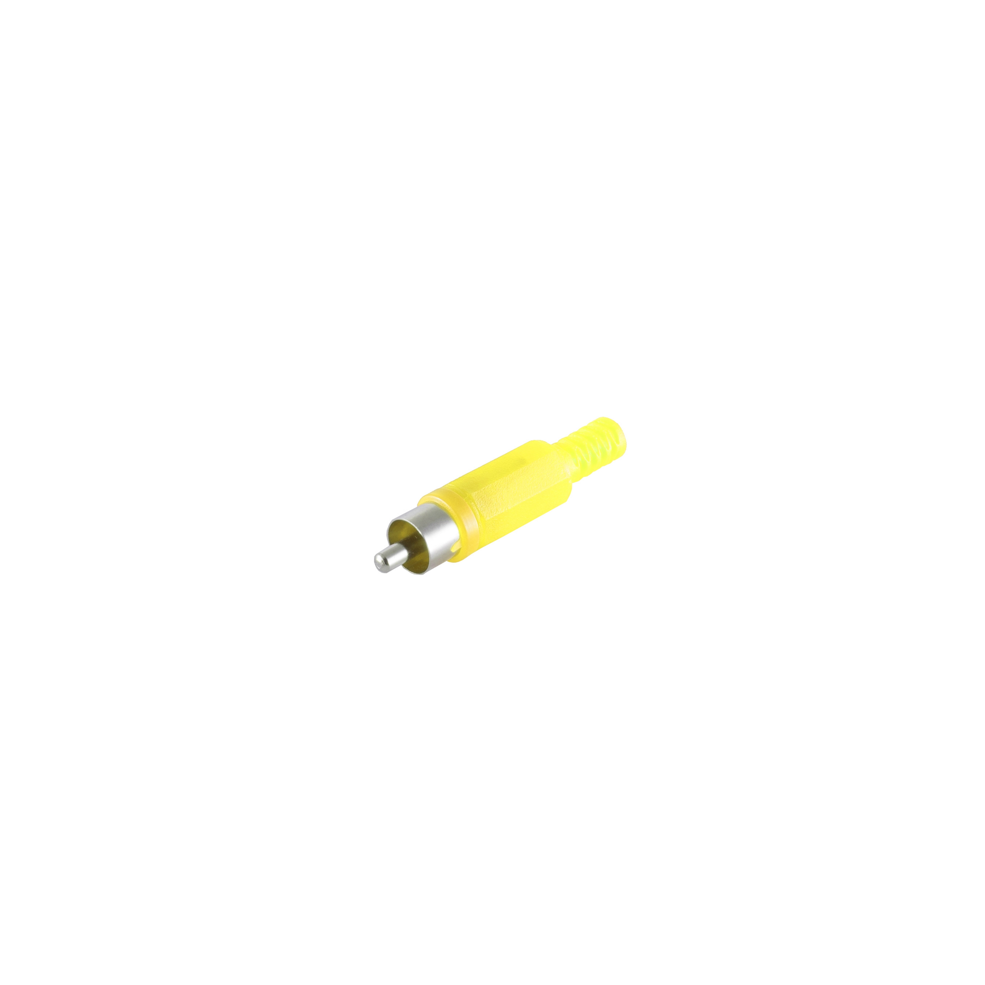 Gelber Cinch-Stecker auf weißem Hintergrund, isoliert und Nahaufnahme.