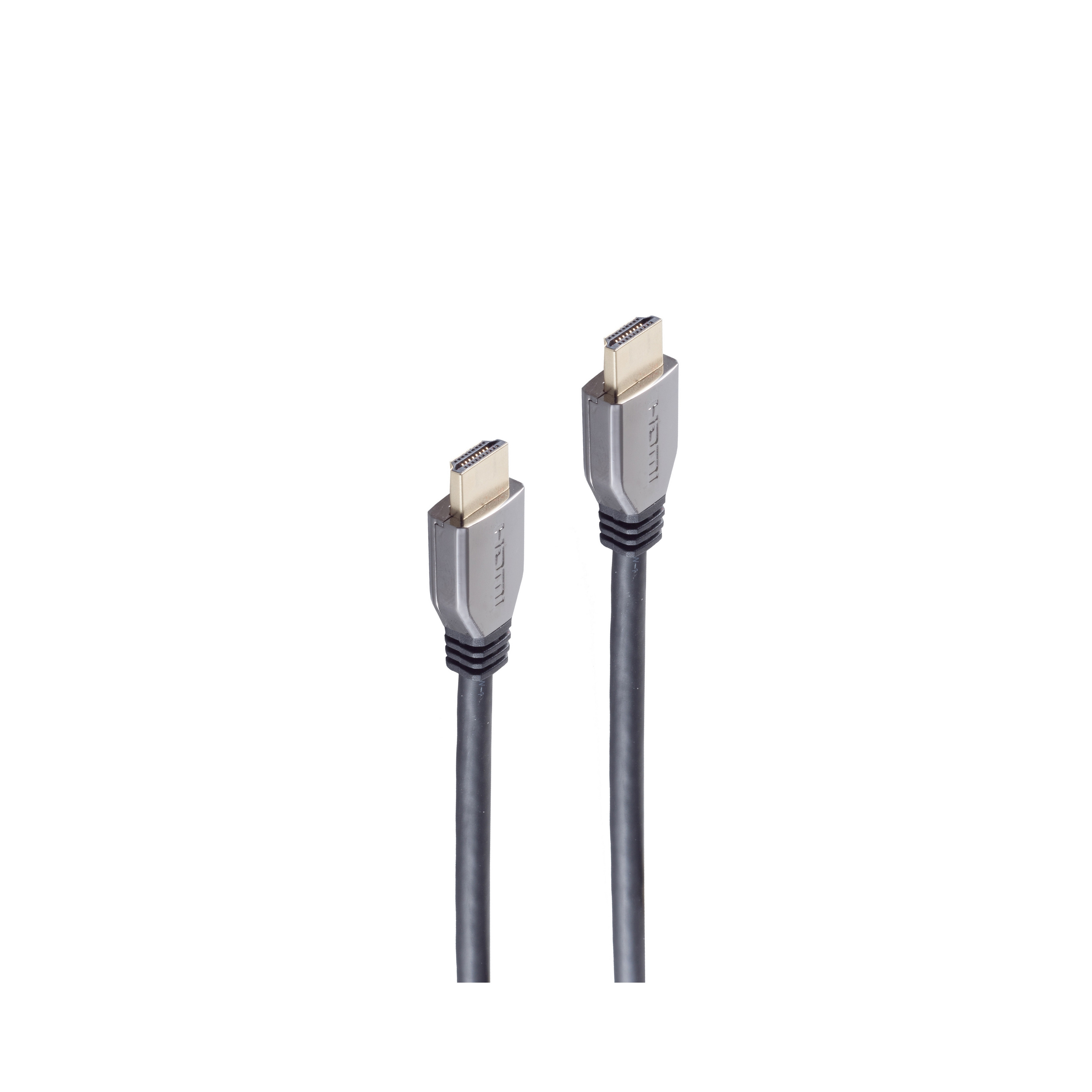 Zwei schwarze HDMI-Kabel mit Metallanschlüssen vor weißem Hintergrund.