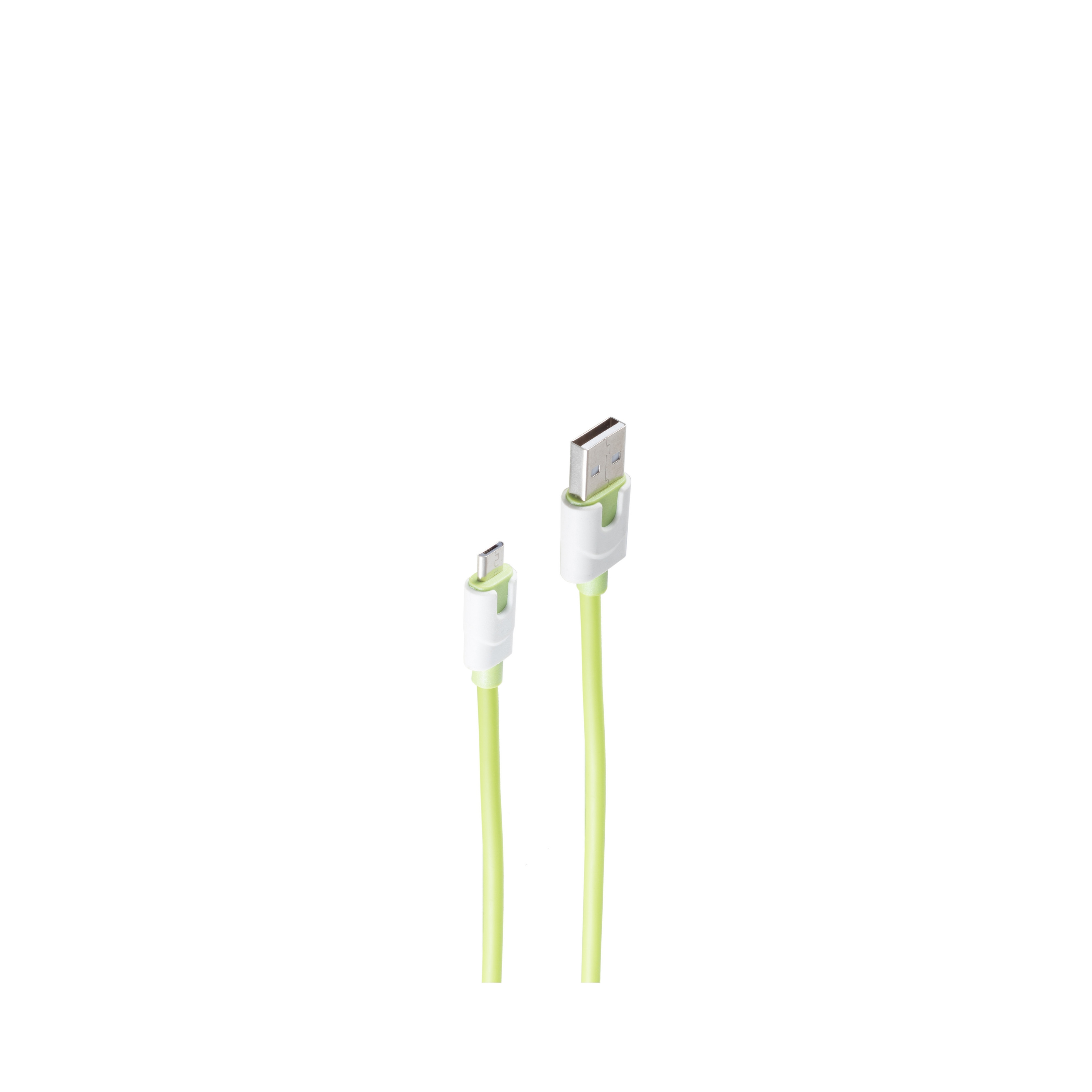 Ein grünes USB-Kabel mit weißen Steckern auf weißem Hintergrund.