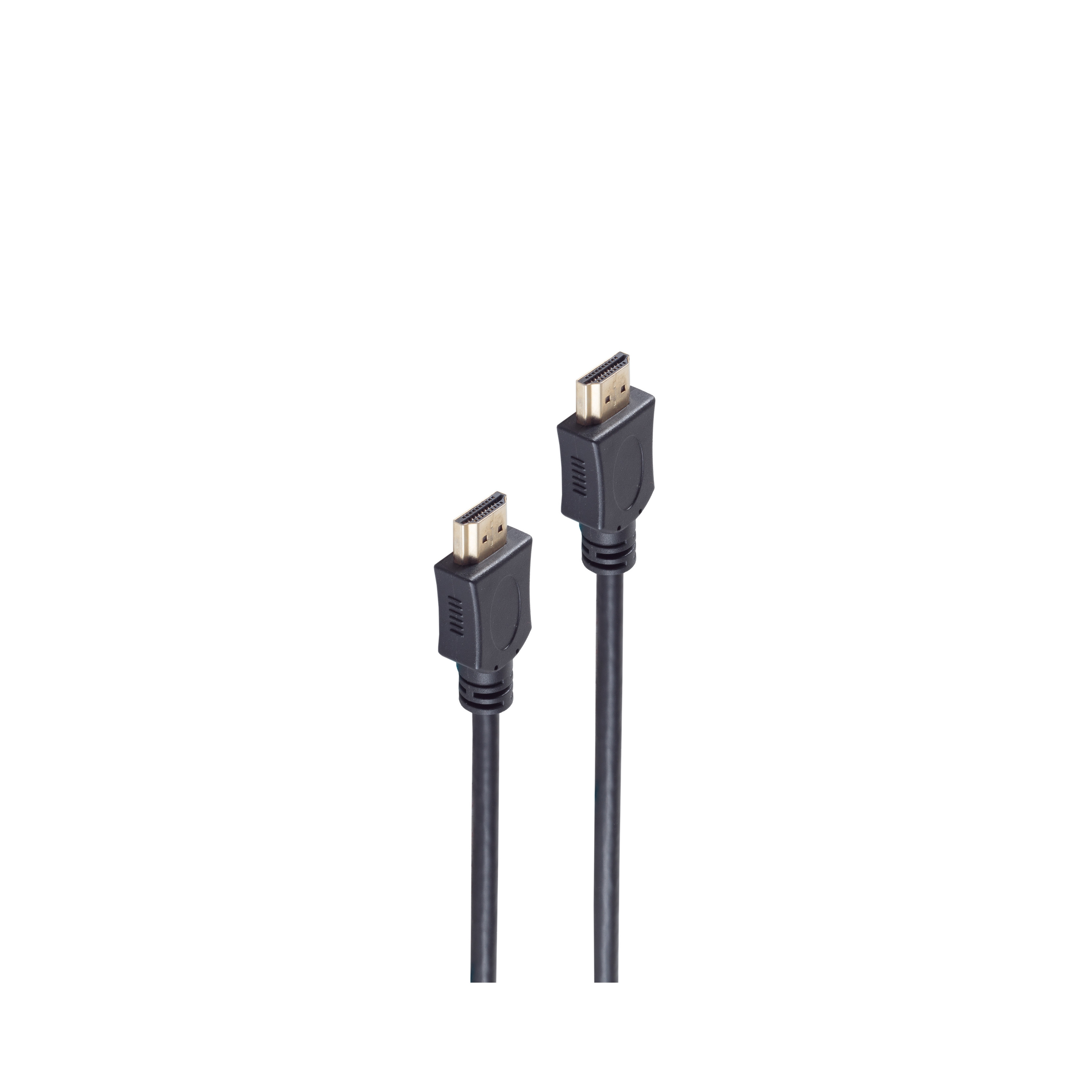 Zwei schwarze HDMI-Kabel vor weißem Hintergrund. Anschlüsse an beiden Enden sichtbar.