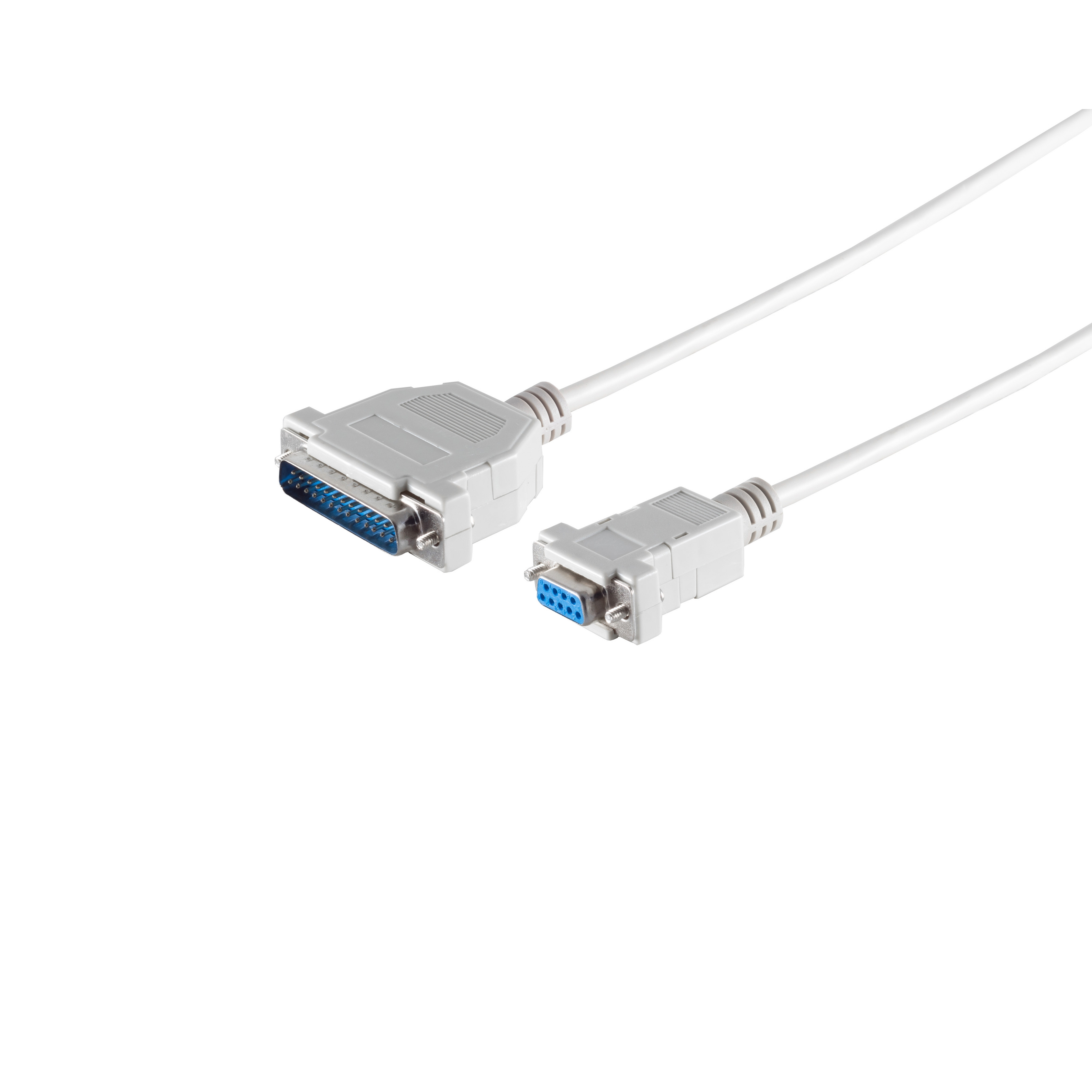Weißes Kabel mit zwei Steckern, einer mit blauen Pins, isoliert vor weißem Hintergrund.