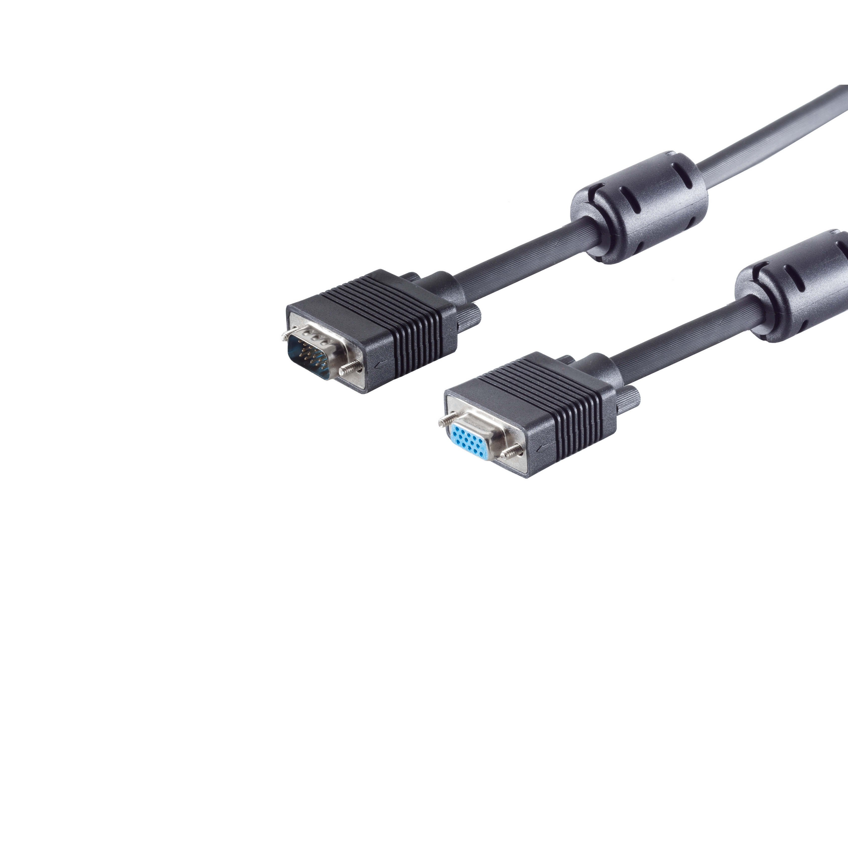 Zwei schwarze VGA-Kabel mit blauen Steckern, vor weißem Hintergrund isoliert.