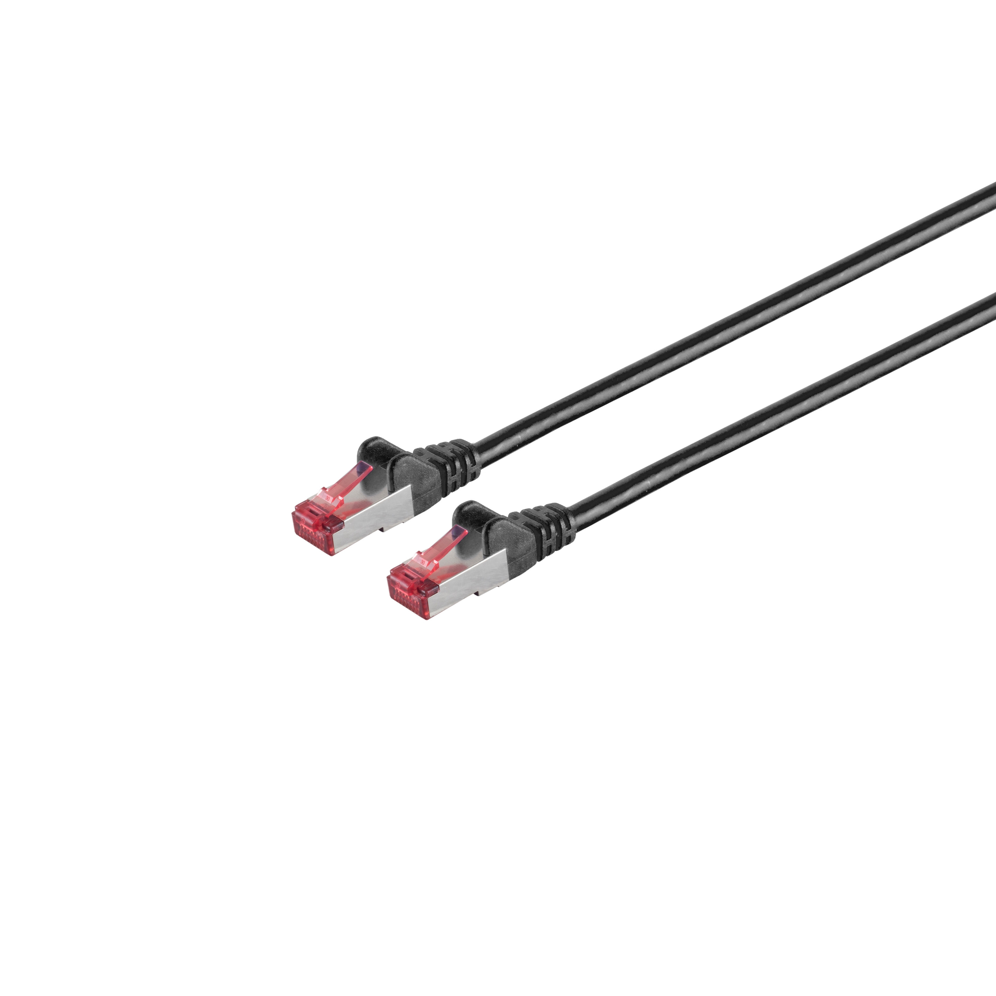 Zwei schwarze Netzwerkkabel mit roten Steckern auf weißem Hintergrund.