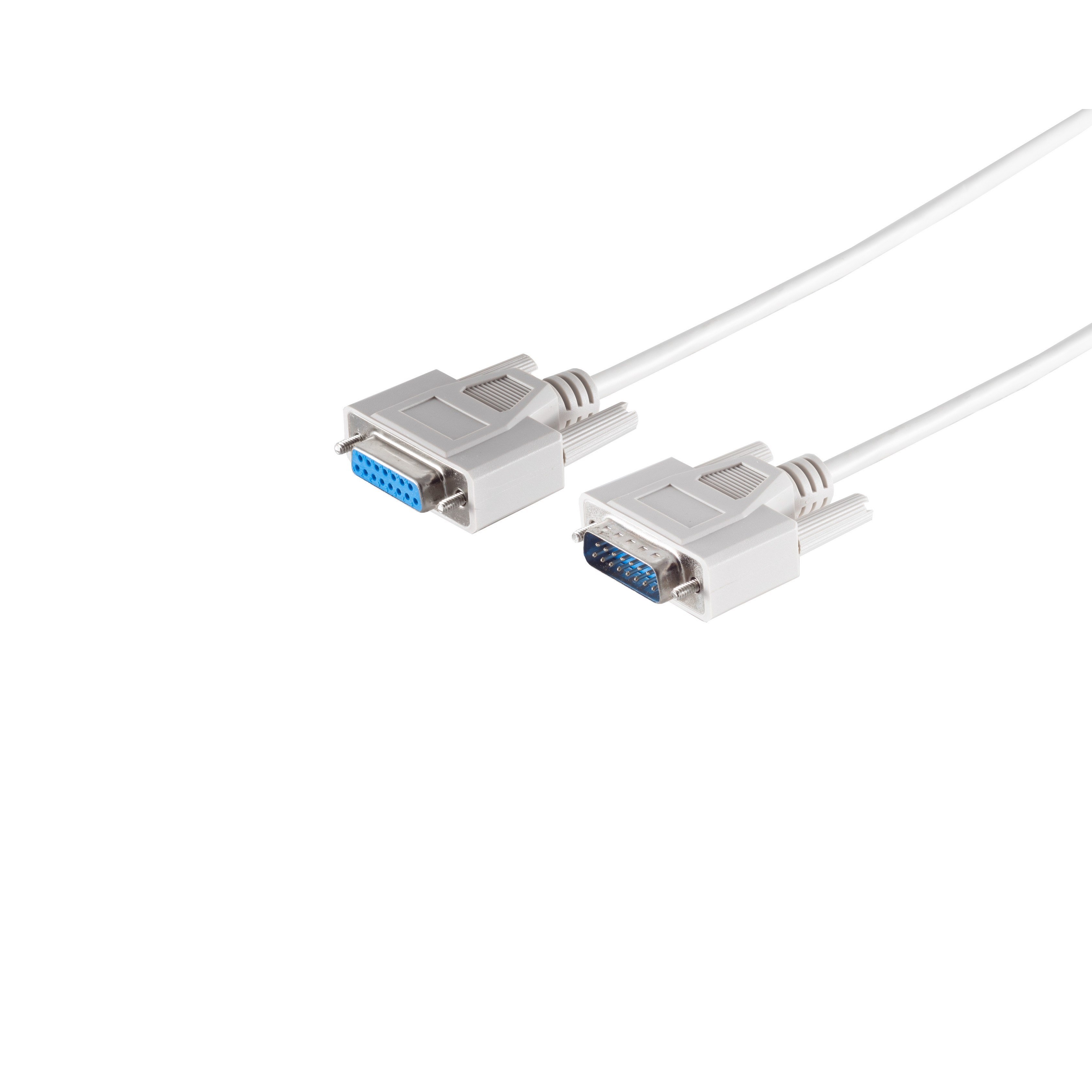 Weißes Kabel mit zwei silbernen Steckern auf weißem Hintergrund. Die Stecker sind blau.