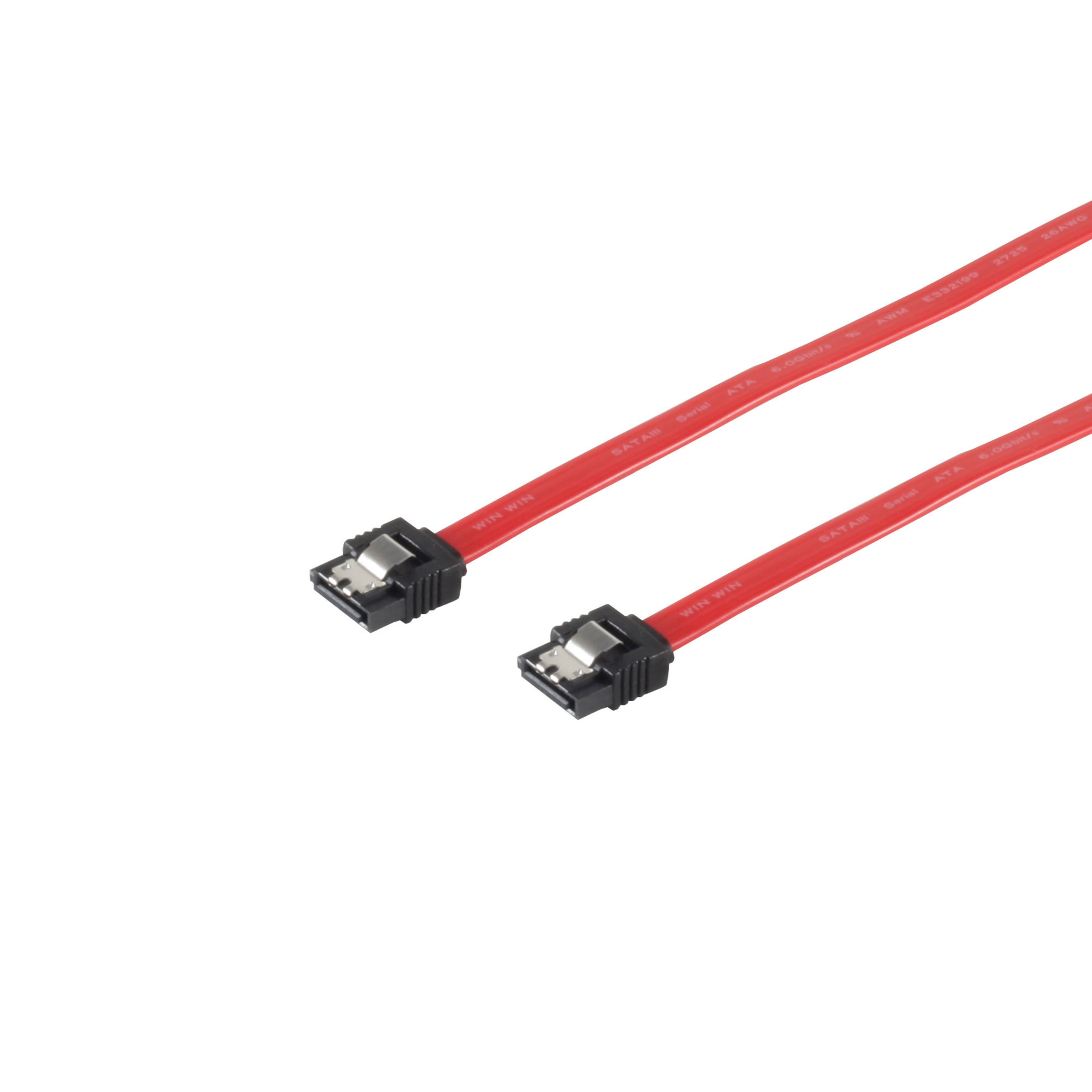 Zwei rote SATA-Kabel mit schwarzen Steckern. Weißer Hintergrund. Kabel dienen zur Datenübertragung.
