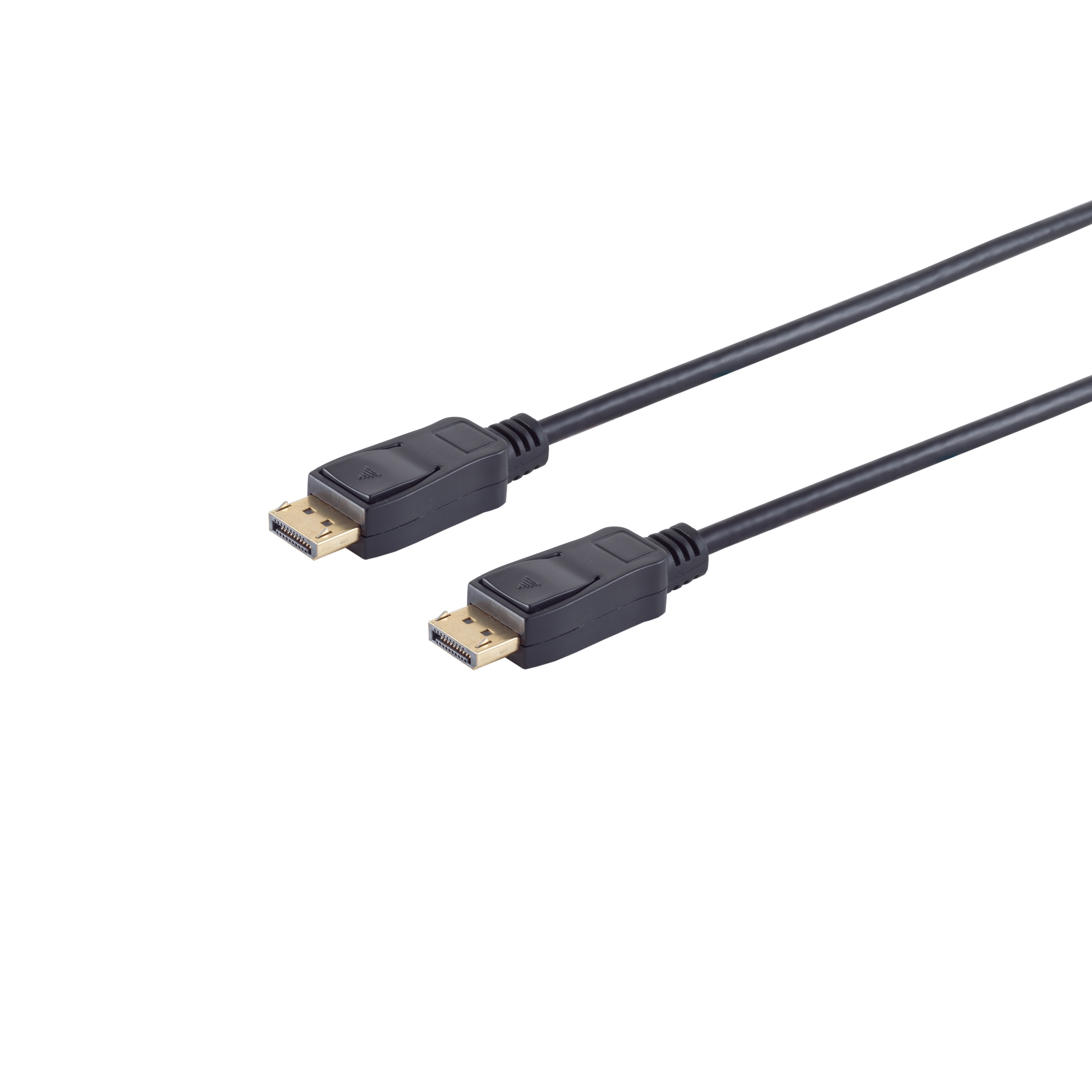 Schwarzes DisplayPort-Kabel mit Anschlüssen auf weißem Hintergrund.