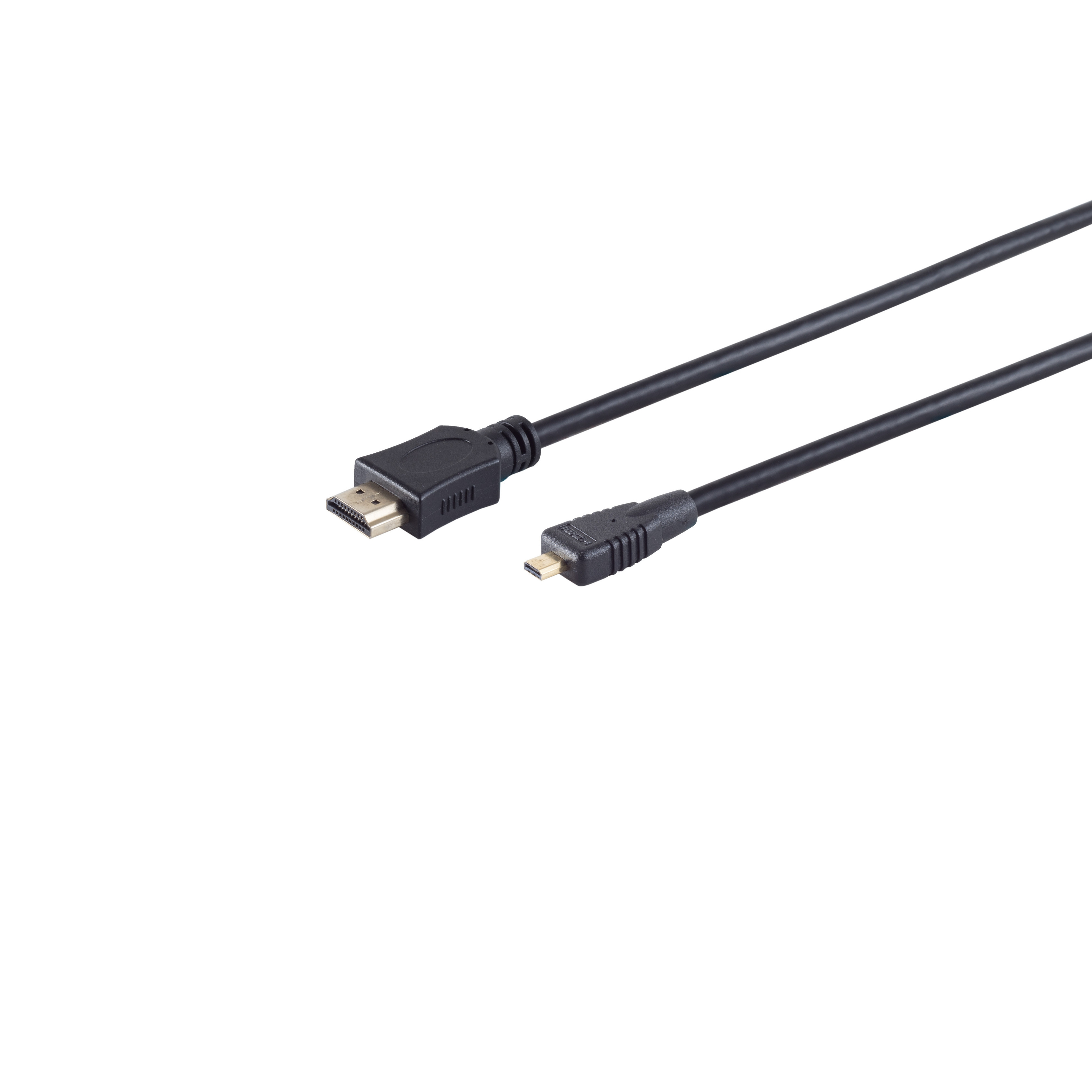 Zwei schwarze HDMI-Kabel auf weißem Hintergrund. Ein Ende hat einen Standard-HDMI, das andere ein Micro-HDMI.