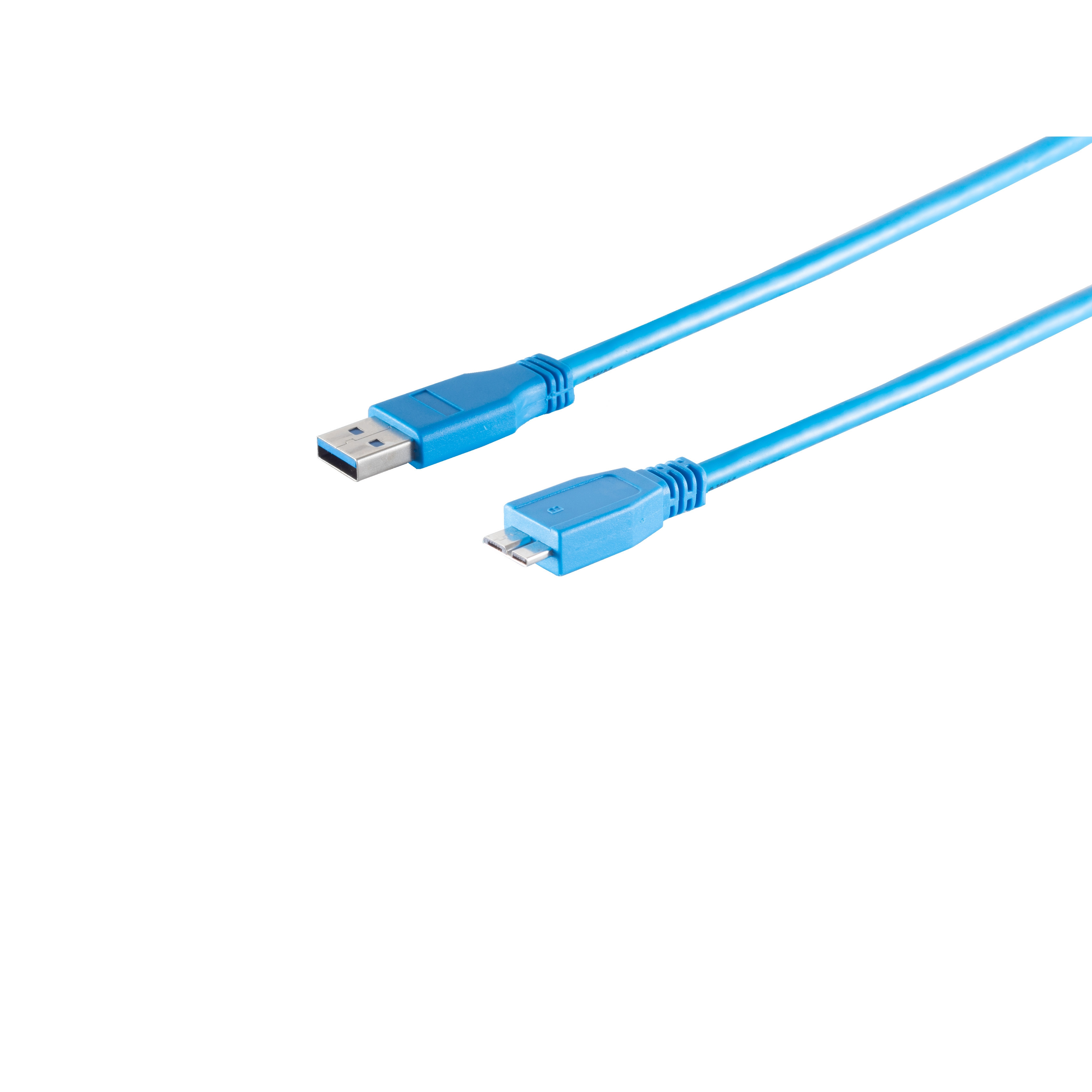 Cavo USB blu con connettori USB-A e micro-USB.