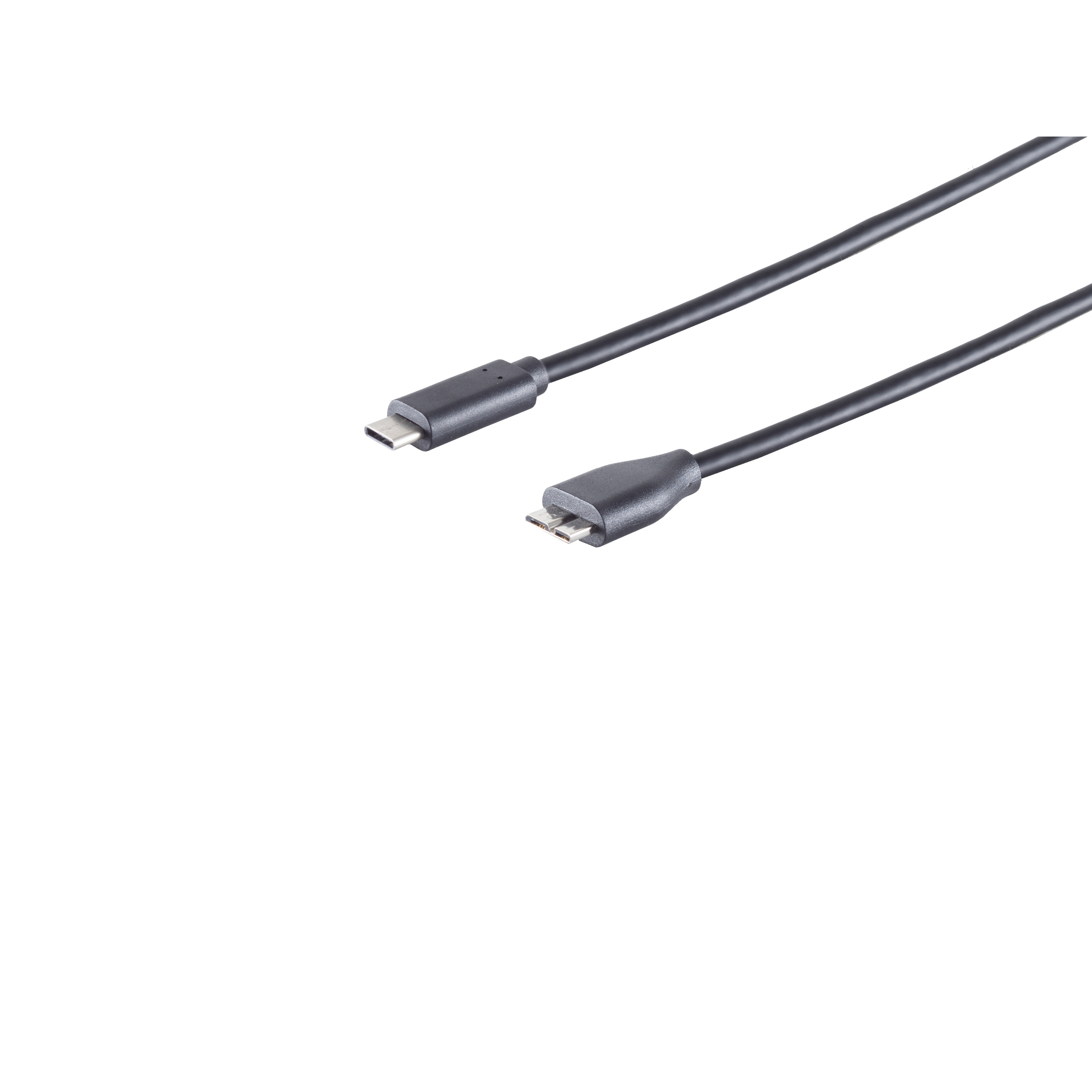 Schwarzes USB-C-zu-Micro-USB-Kabel mit Steckern an beiden Enden, weißer Hintergrund.