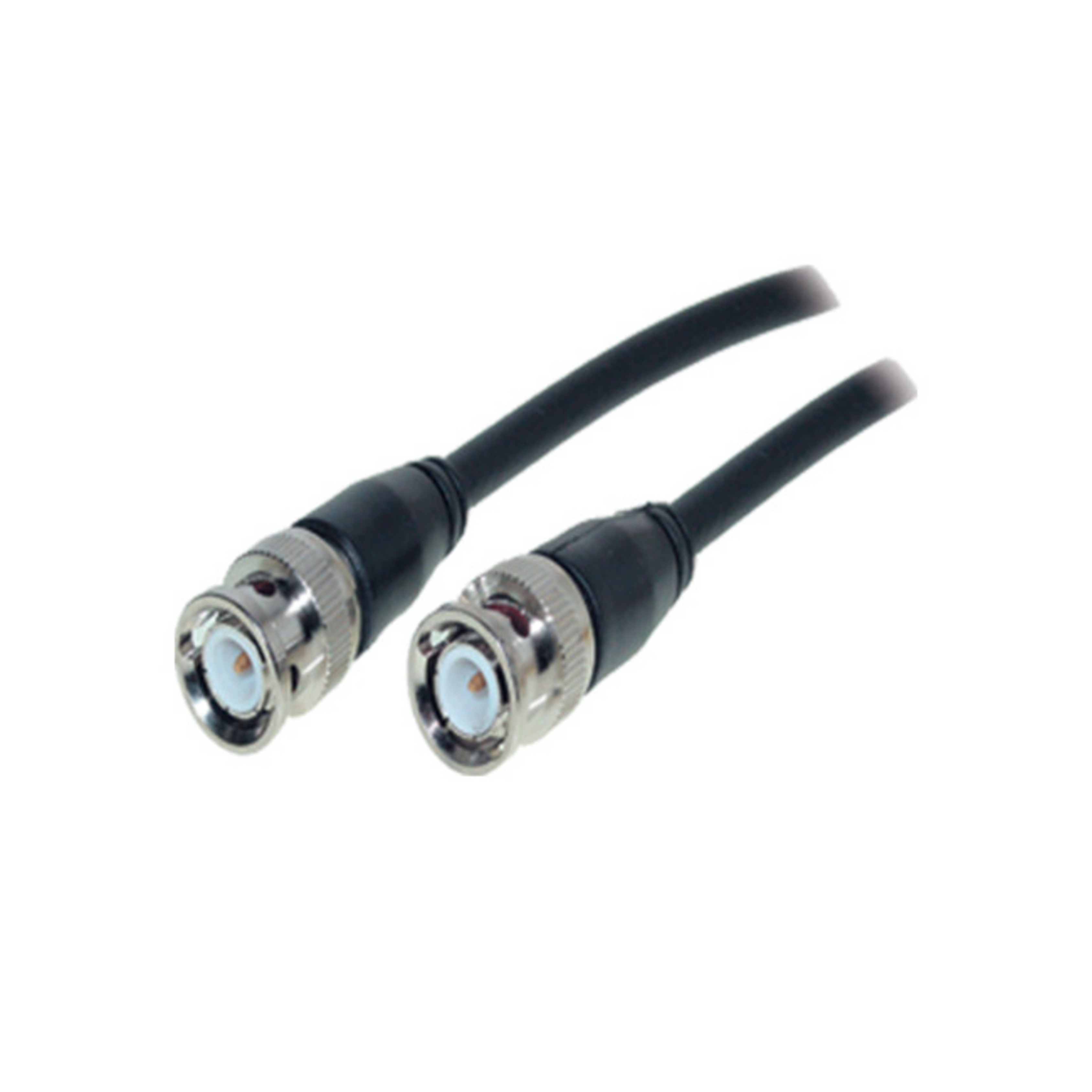 Zwei schwarze BNC-Kabel mit silbernen Steckern, weißer Hintergrund.
