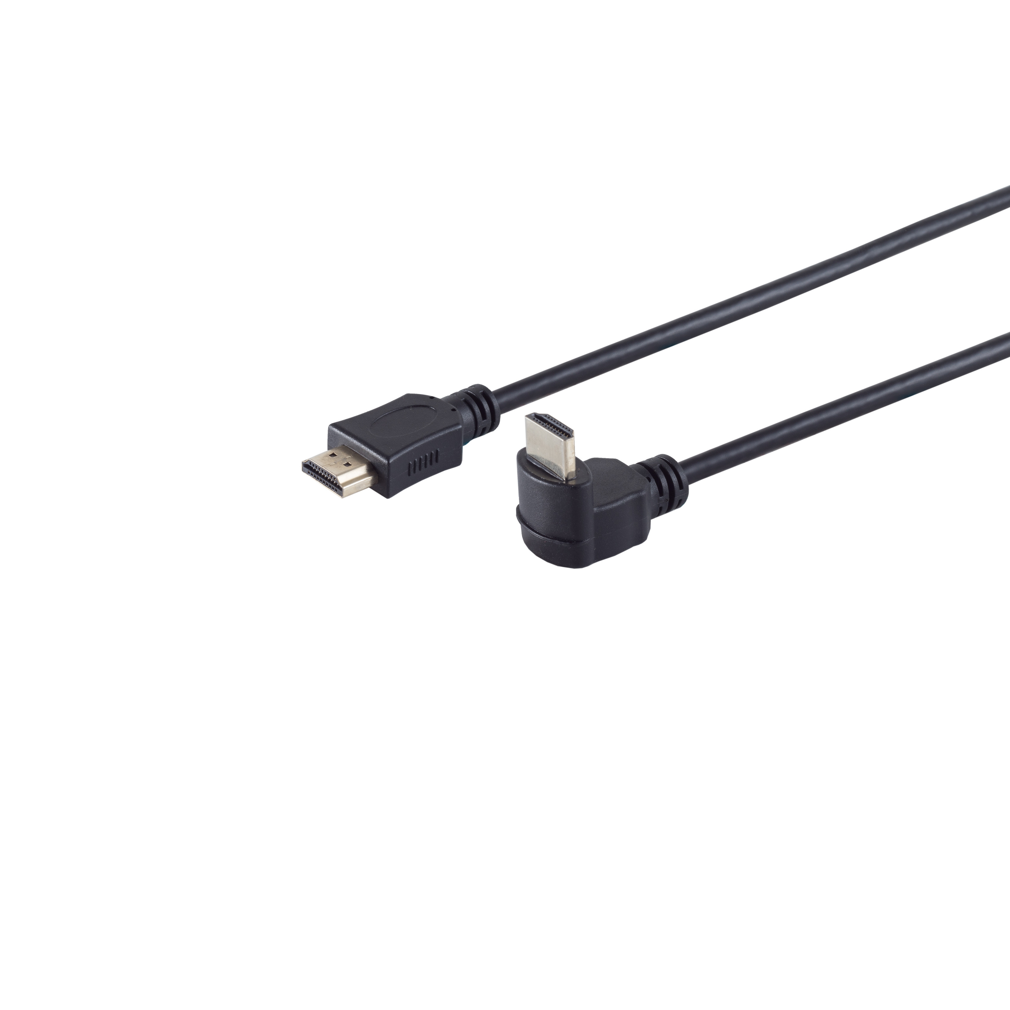Ein schwarzes HDMI-Kabel mit zwei Steckern. Das Kabel ist auf weißem Hintergrund abgewinkelt. Ein Stecker ist rechtwinklig.