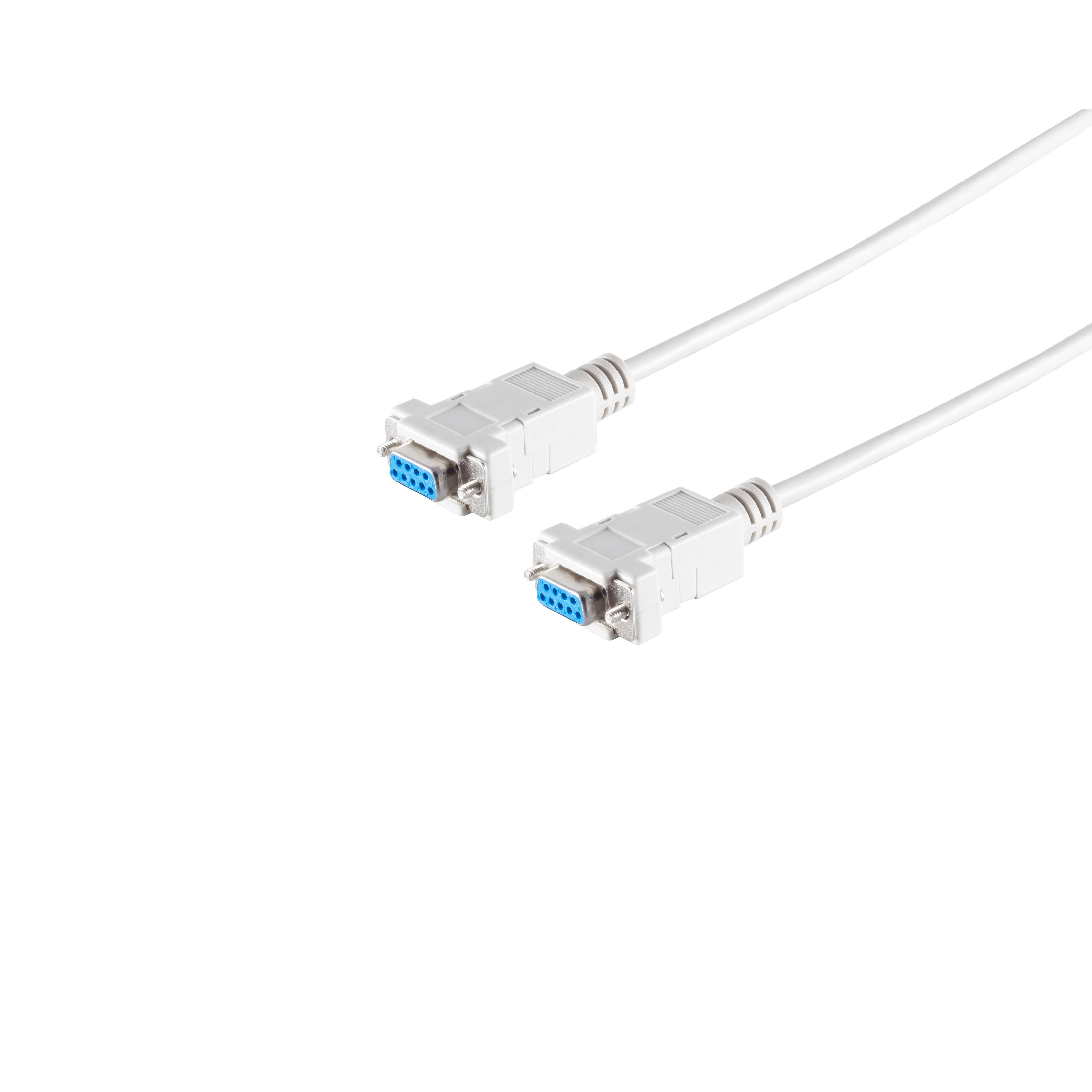Zwei weiße serielle Kabel mit blauen Steckern auf weißem Hintergrund. Die Stecker haben Pins und Schrauben.