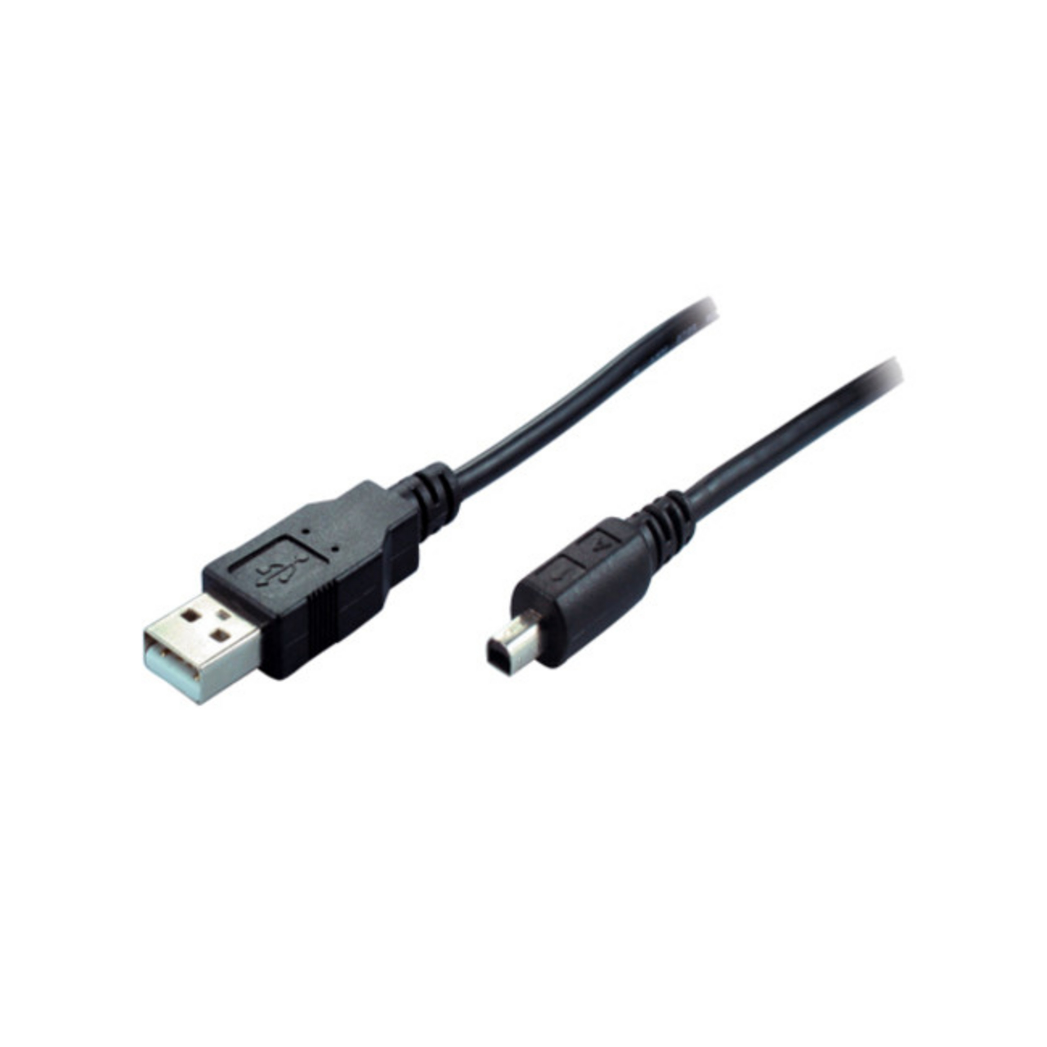 Schwarzes USB-Kabel mit USB-A- und Mini-USB-Anschlüssen. Kabel auf weißem Hintergrund.