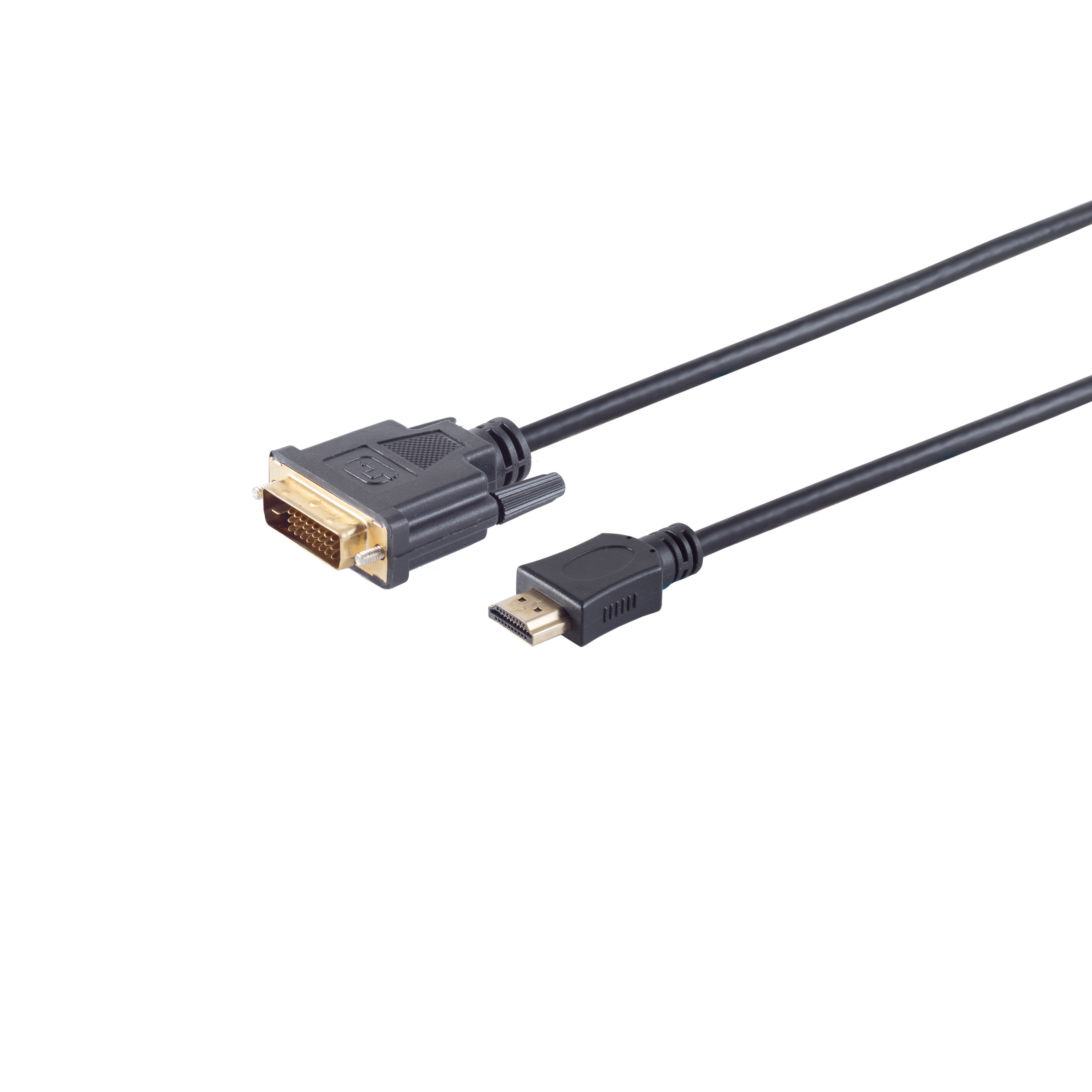 Schwarzes HDMI-zu-DVI-Kabel auf Weiß. DVI-Anschluss links.