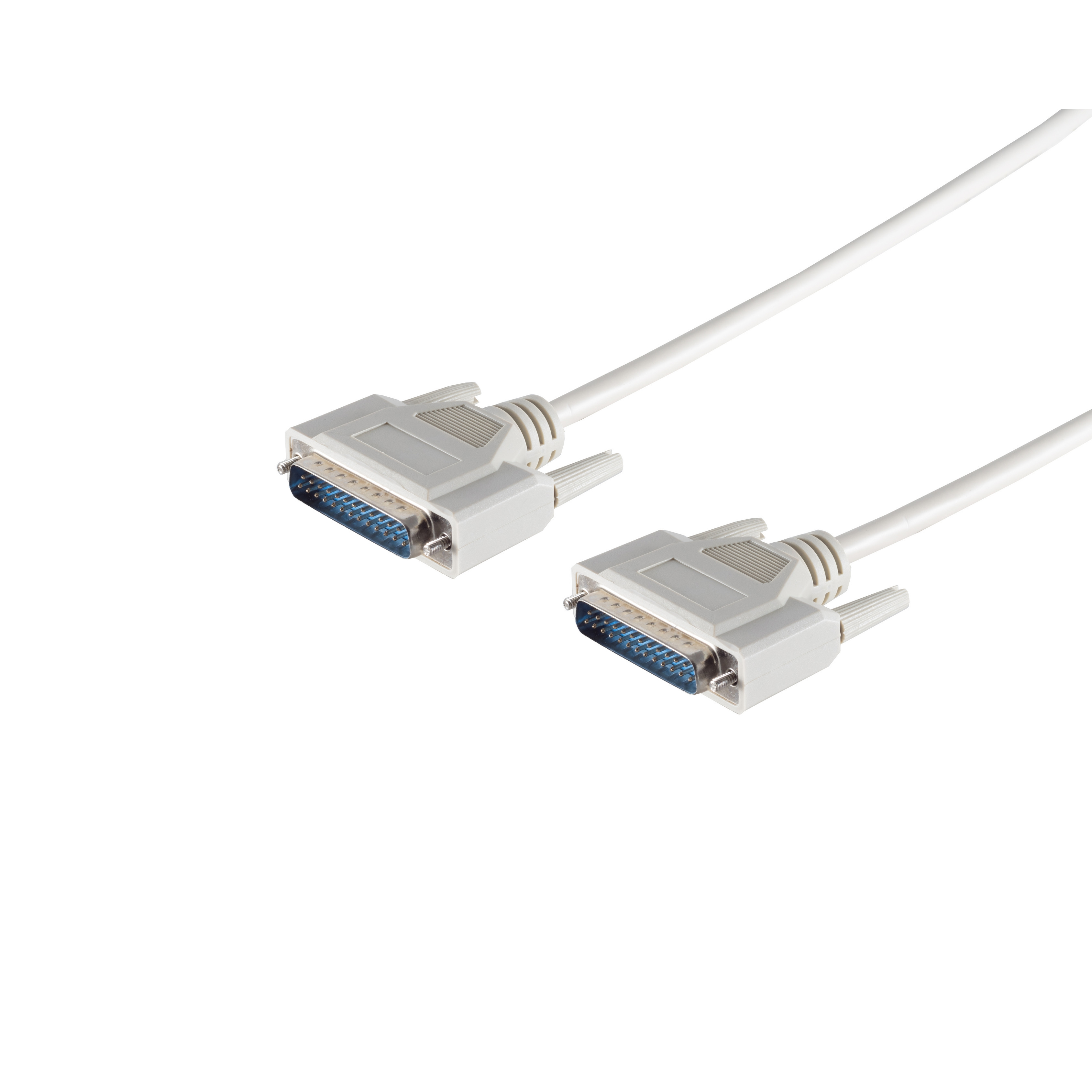 Zwei weiße D-Sub-Kabel mit Steckern vor weißem Hintergrund. Nahaufnahme.