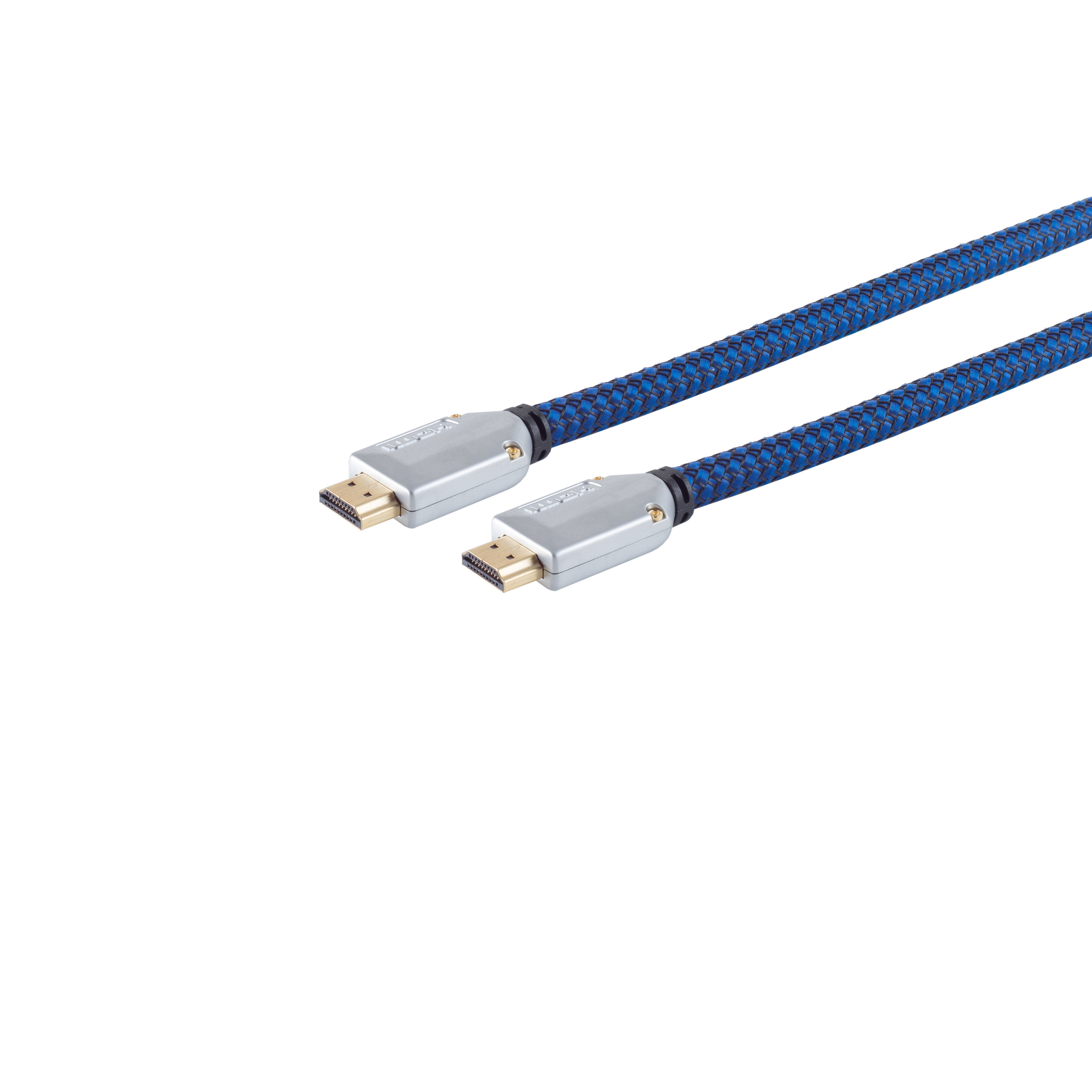 Blau-schwarzes HDMI-Kabel. Silberne Stecker an jedem Ende. Weißer Hintergrund.