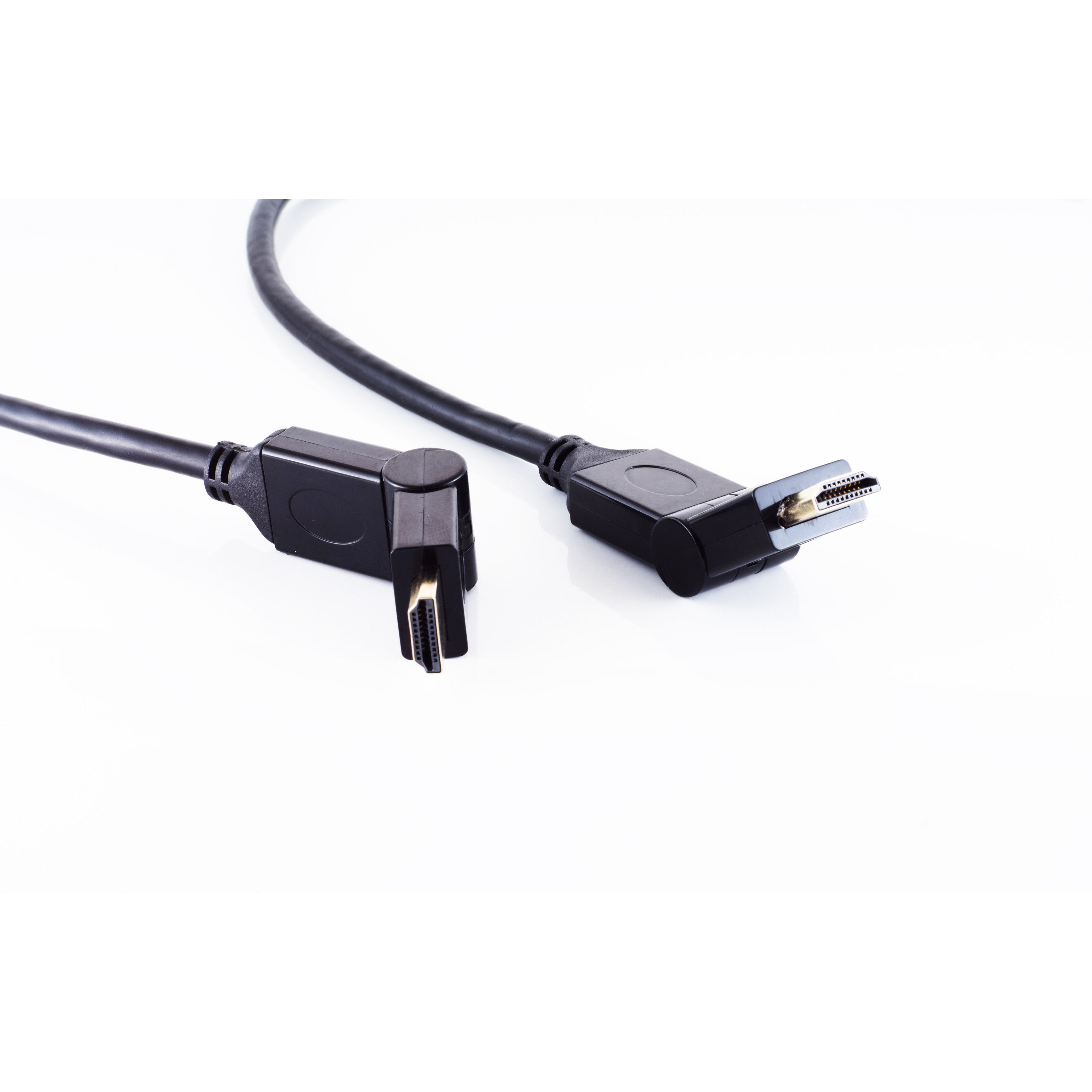 Ein schwarzes HDMI-Kabel mit abgewinkelten Steckern auf weißem Hintergrund.