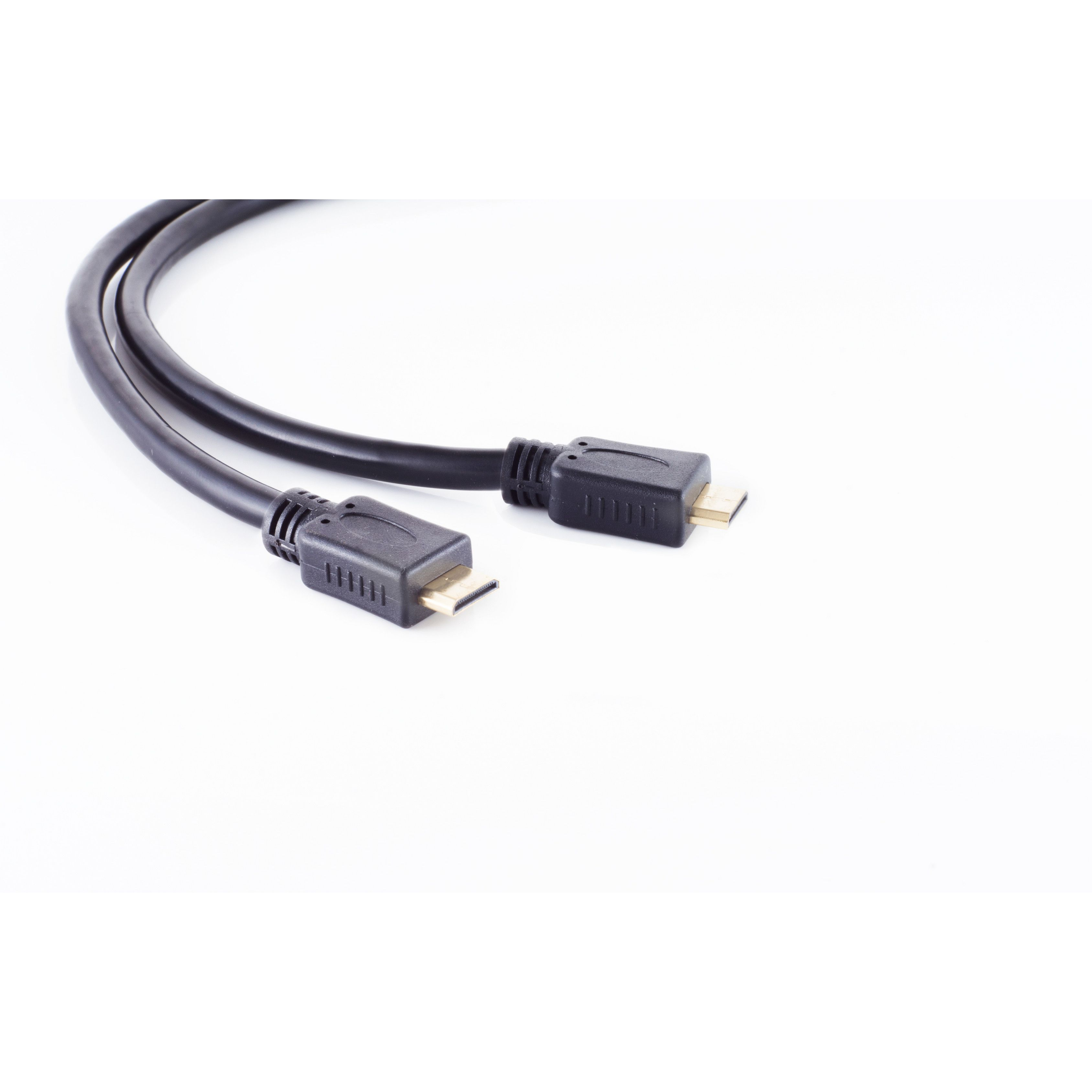 Schwarzes HDMI-Kabel mit zwei Steckern auf weißem Hintergrund.