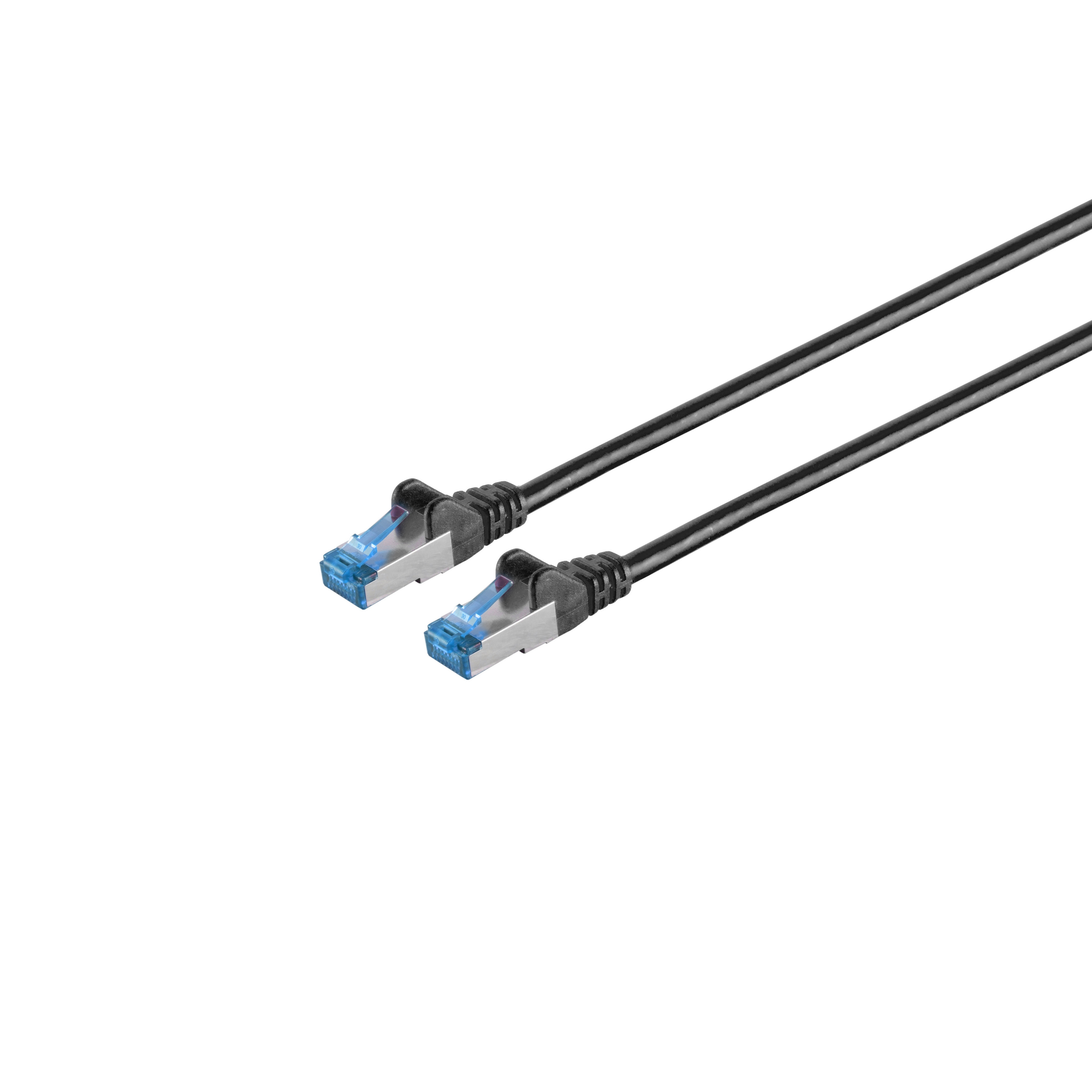 Dwa czarne kable Ethernet z niebieskimi złączami na białym tle.