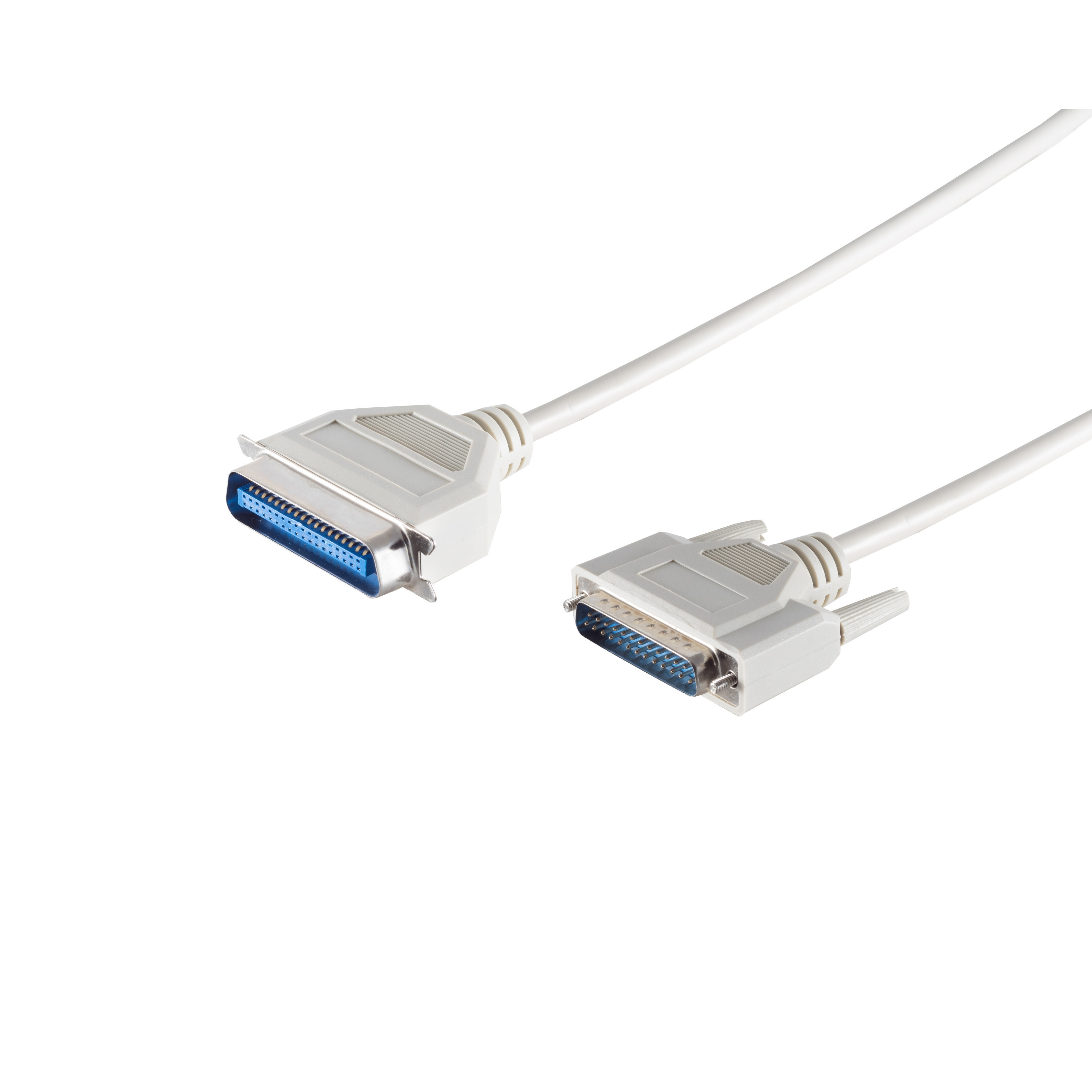 Ein weißes Parallelportkabel mit zwei grauen Steckern. Die Stecker haben blaue Pins.
