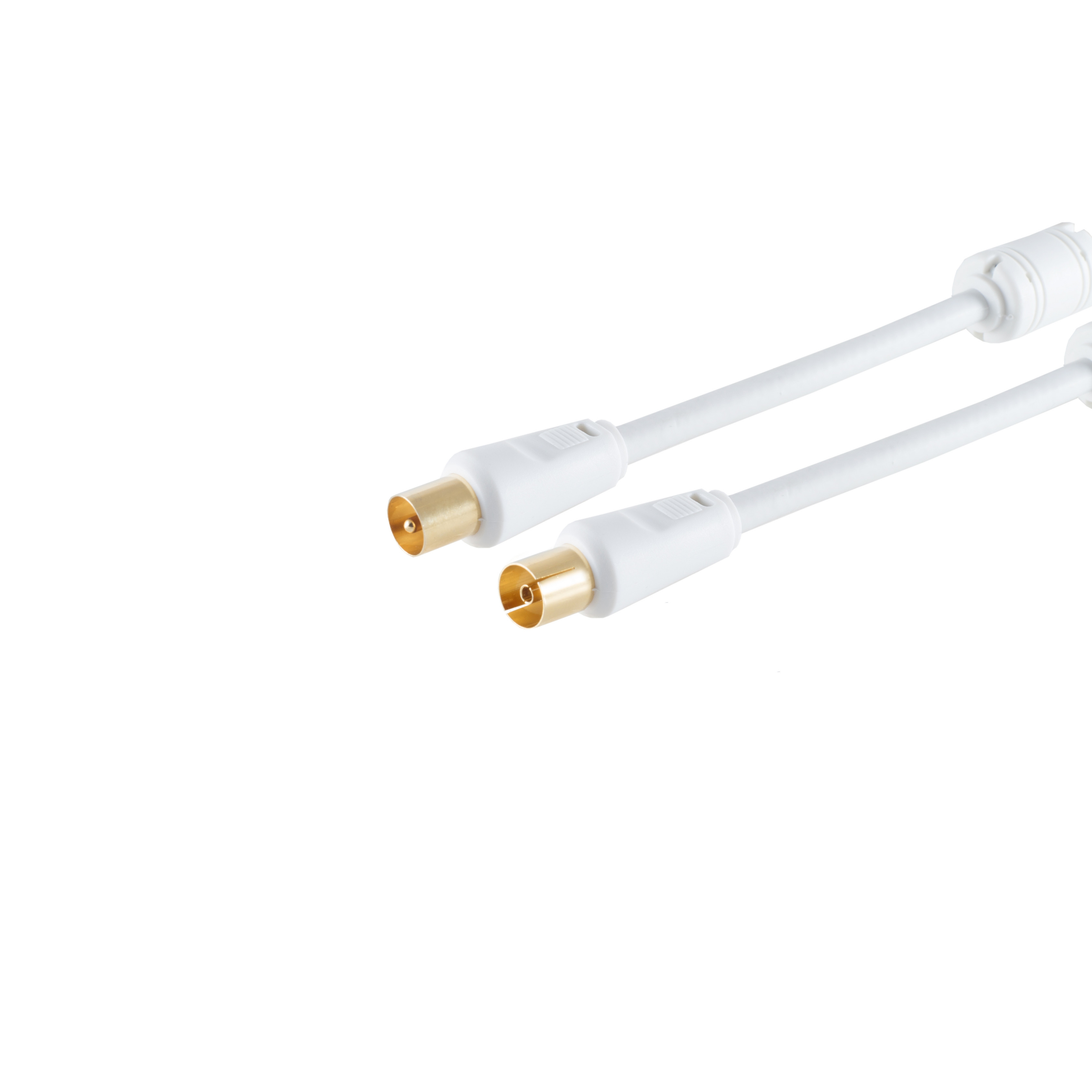 Zwei weiße Koaxialkabel mit goldfarbenen Steckern auf weißem Hintergrund.