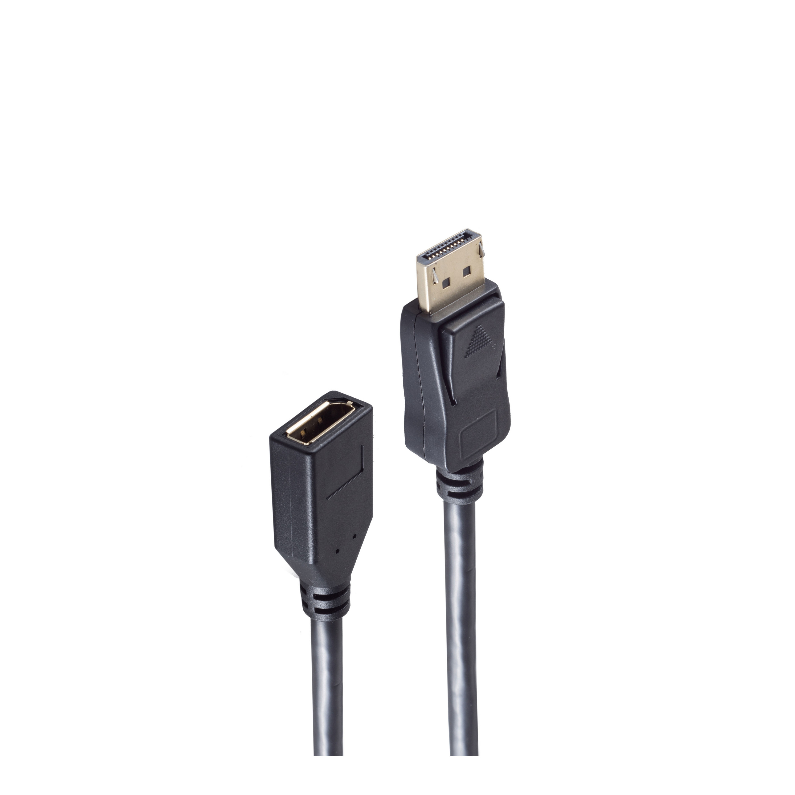 Schwarzes DisplayPort-Kabel mit zwei Enden, eines abgewinkelt. Weißer Hintergrund.