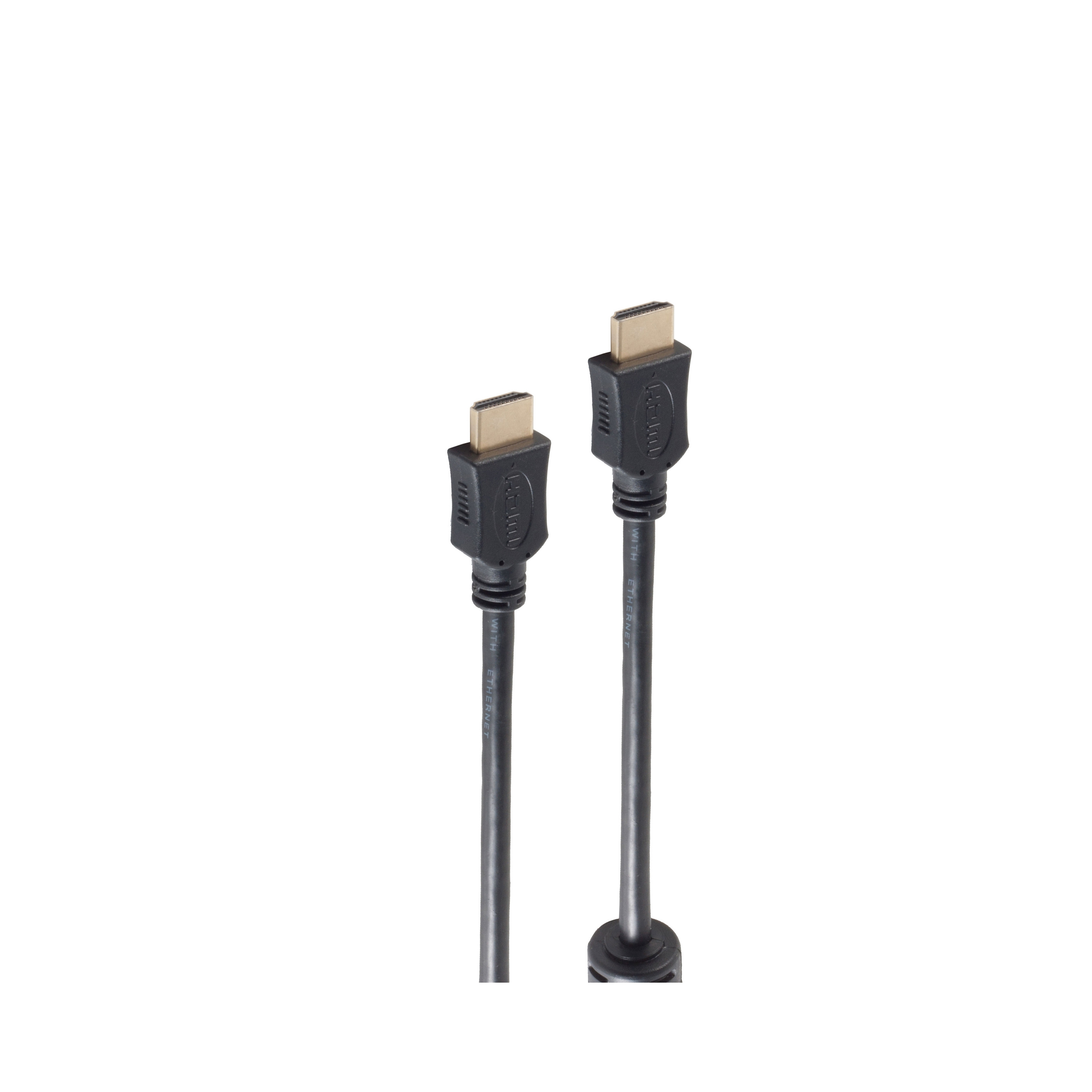 Zwei schwarze HDMI-Kabel mit goldfarbenen Steckern, vor weißem Hintergrund platziert.