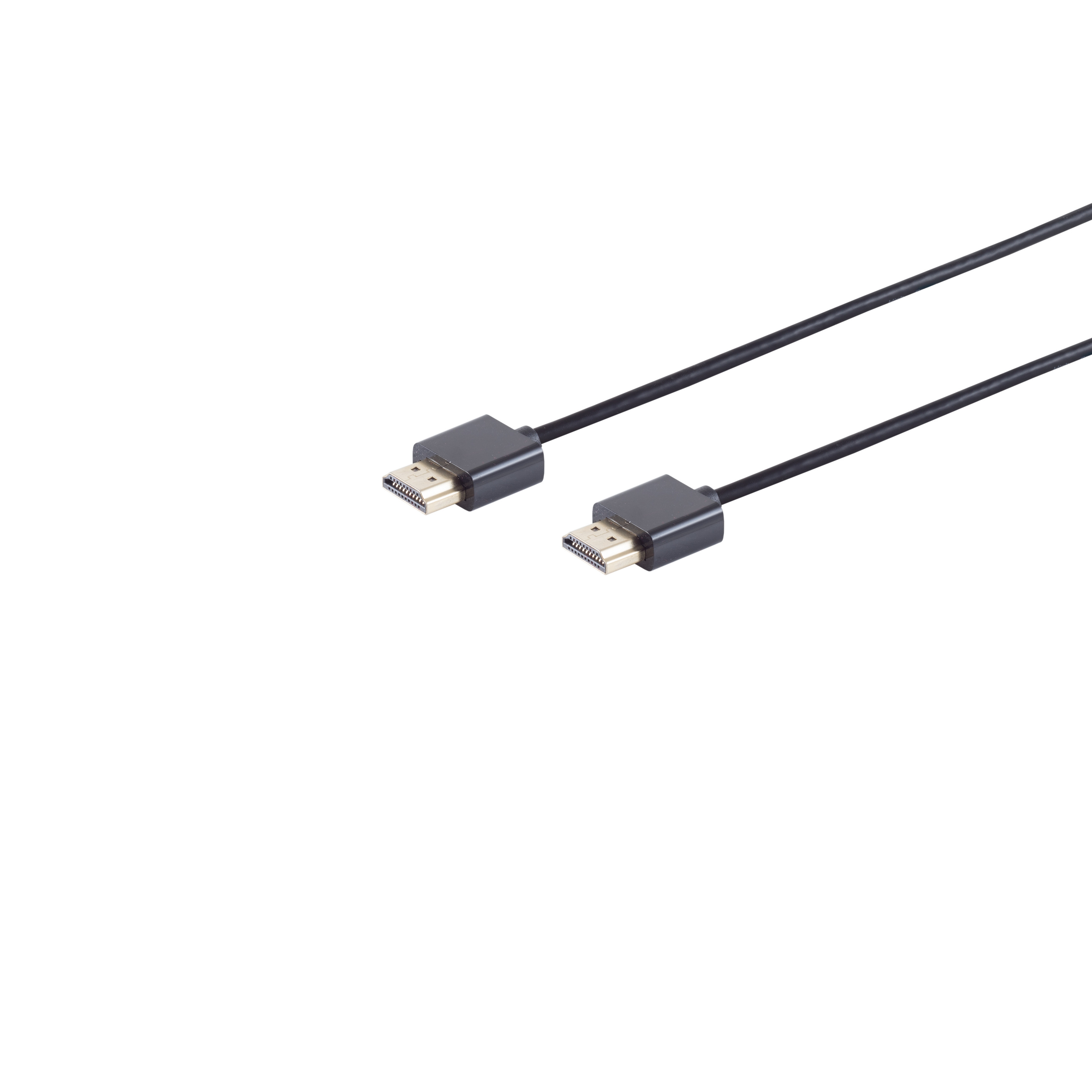 Schwarzes HDMI-Kabel mit Steckern an beiden Enden, weißer Hintergrund.