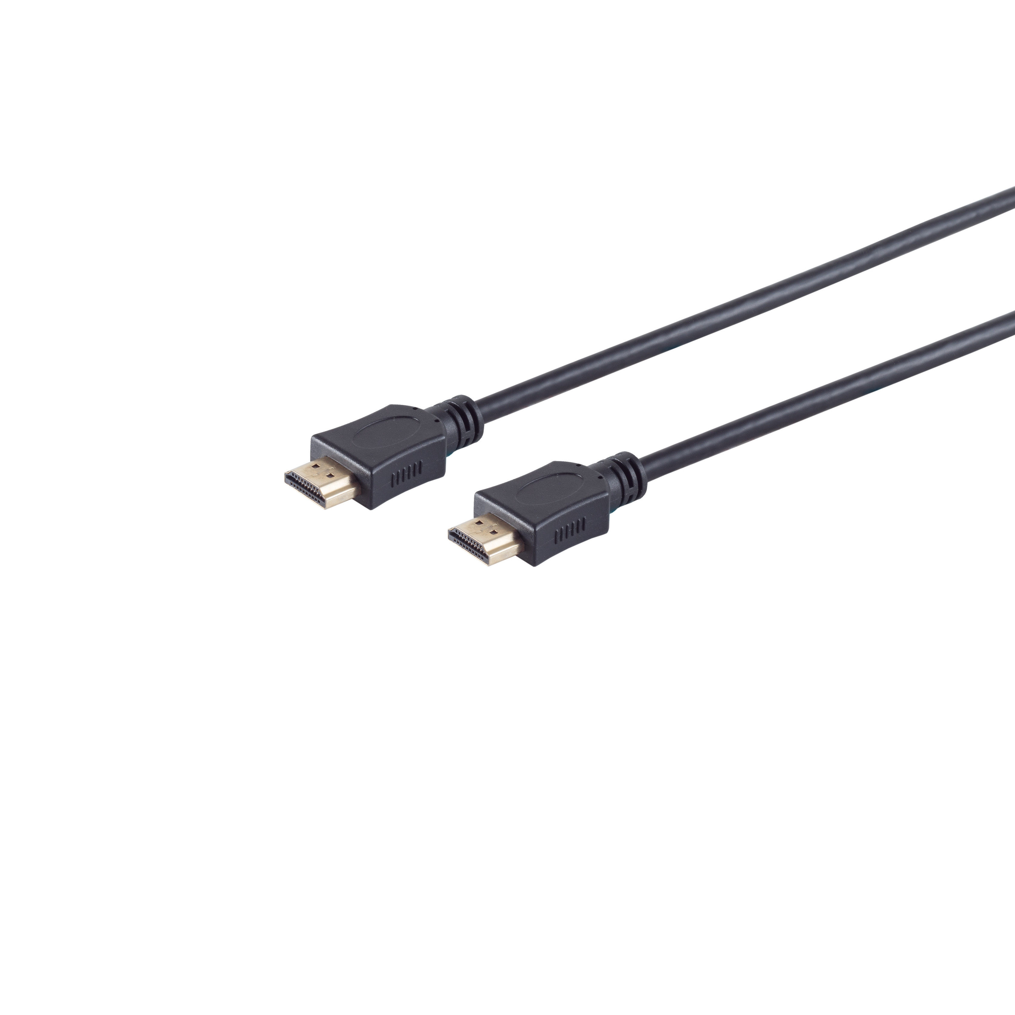 Zwei schwarze HDMI-Kabel mit Anschlüssen, zum Betrachter geneigt, auf weißem Hintergrund.