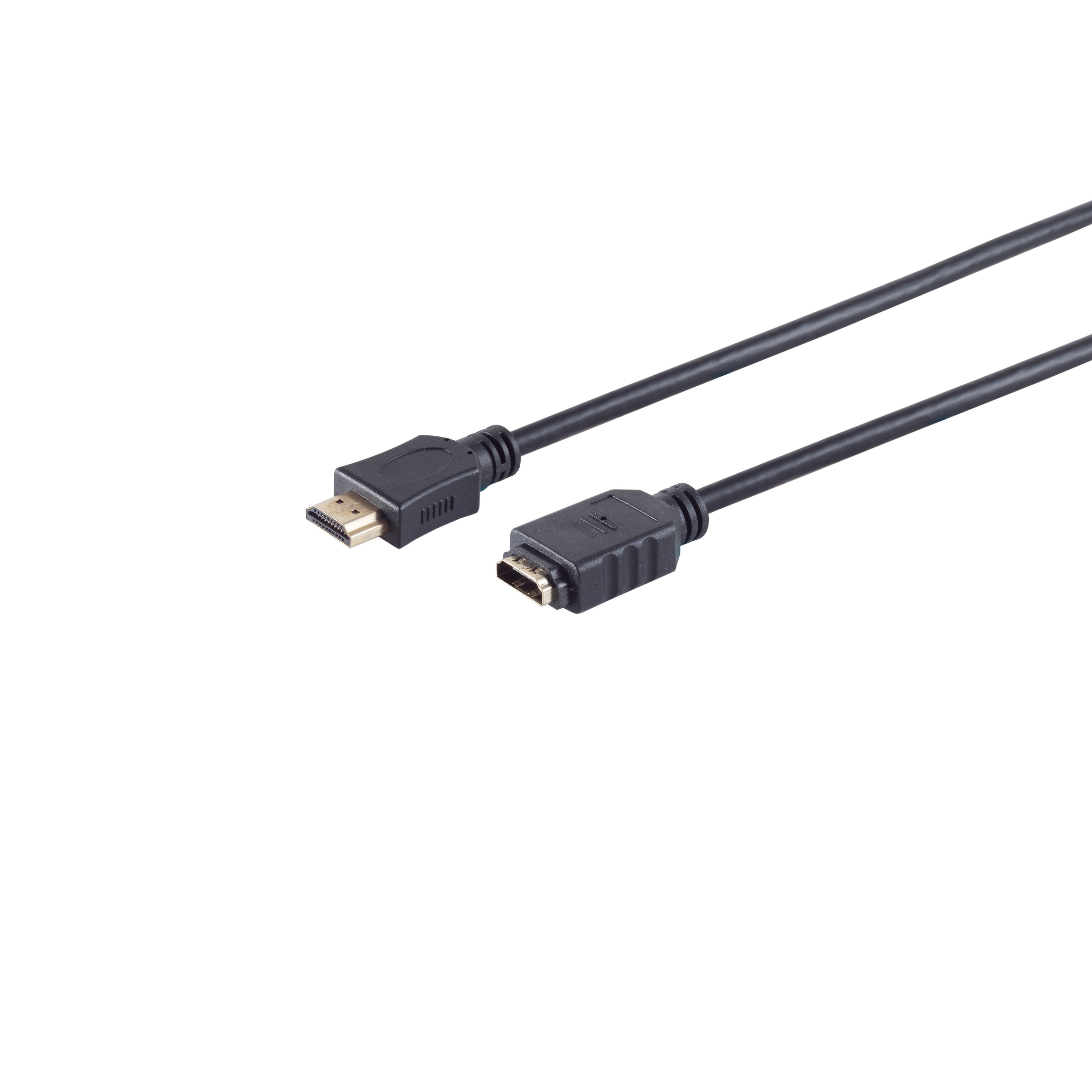 Ein schwarzes HDMI-Kabel mit Anschlüssen auf weißem Hintergrund. Einer ist Mini.