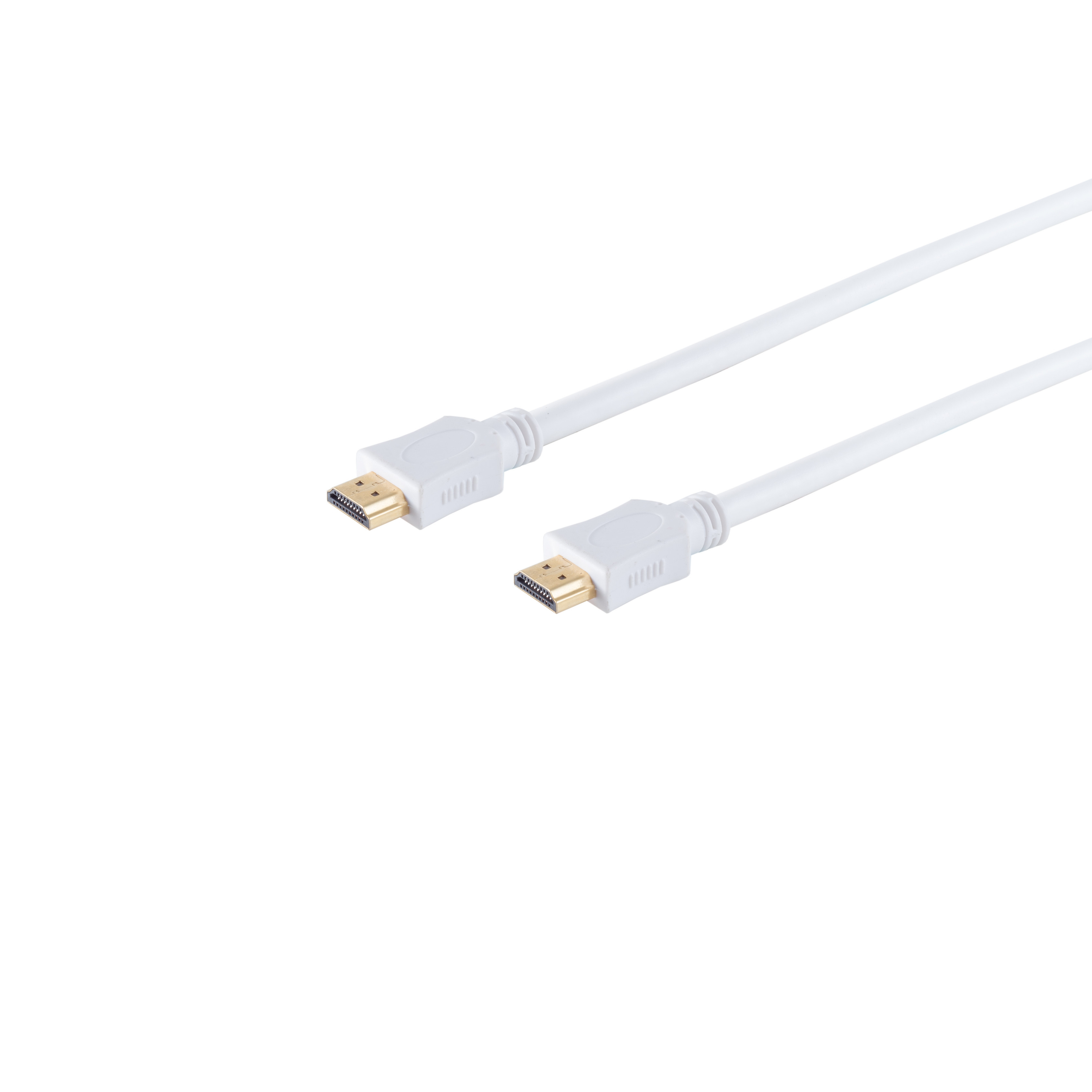Zwei weiße HDMI-Kabel mit goldenen Steckern vor weißem Hintergrund.