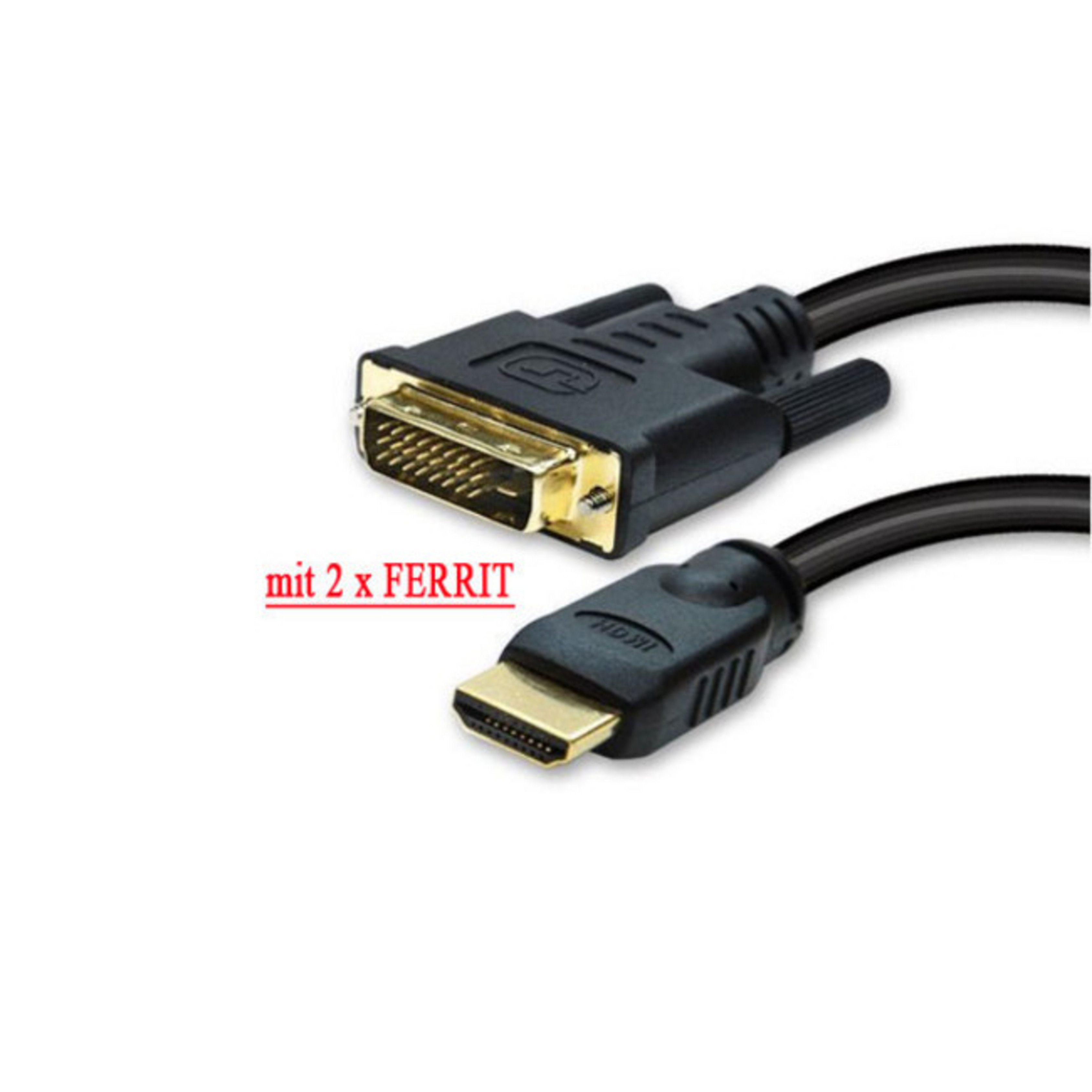 Schwarze und goldene HDMI- und DVI-Kabel. Text sagt 'mit 2 x FERRIT'.