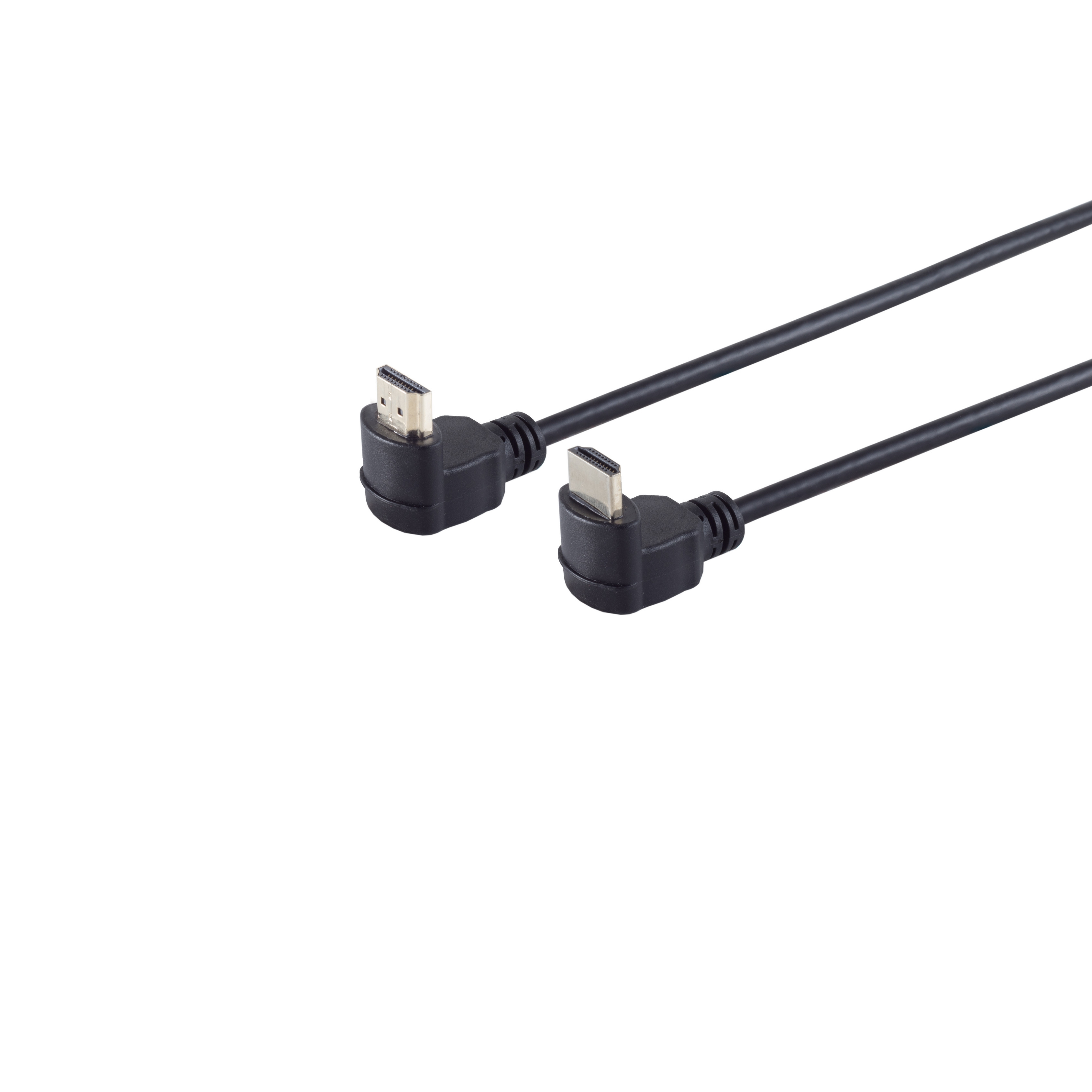 Zwei HDMI-Kabel mit Winkelsteckern. Kabel auf weißem Hintergrund.