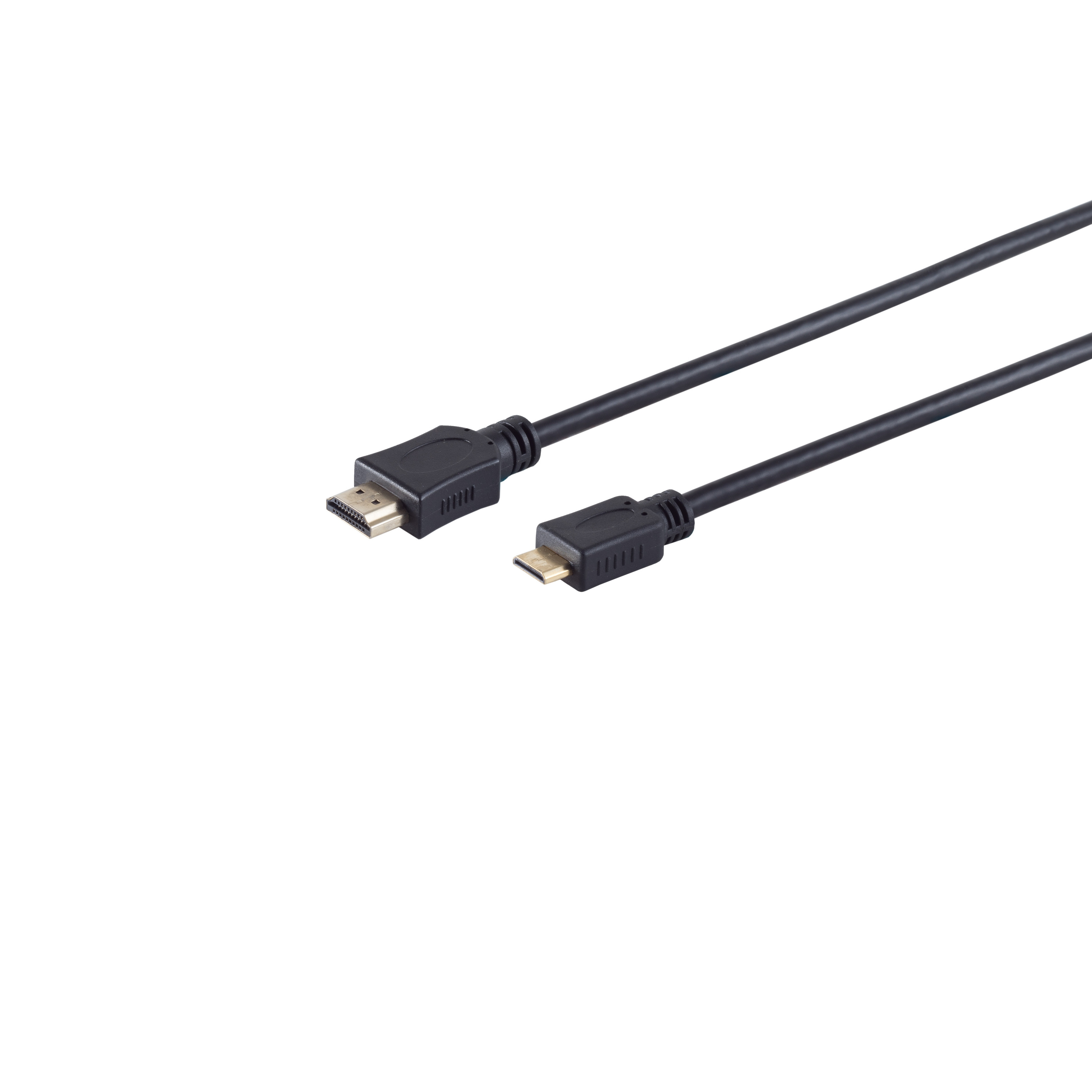 Schwarzes HDMI-zu-Micro-HDMI-Kabel auf weißem Hintergrund. Anschlüsse sind sichtbar.
