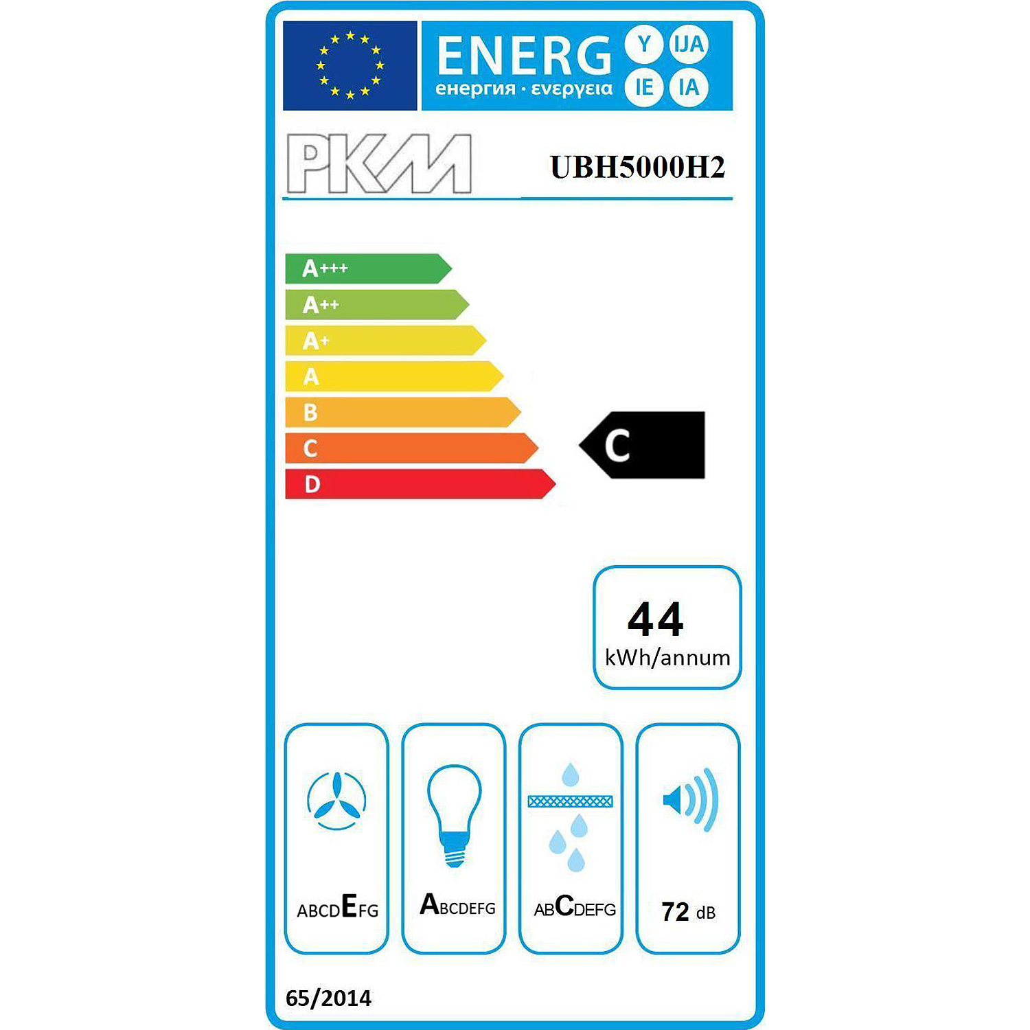 Energieeffizienzlabel mit Bewertungen von A+++ bis D. Zeigt 44 kWh/annum.