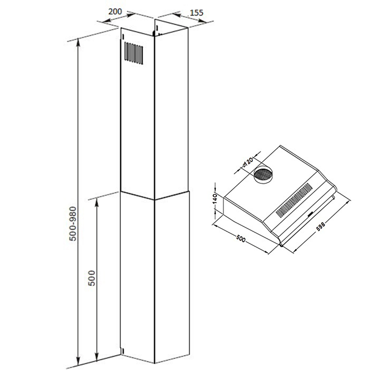 Schwarz-weiß-Diagramm einer Dunstabzugshaube. Zeigt Abmessungen und Design. Weißer Hintergrund. Perspektivansicht.
