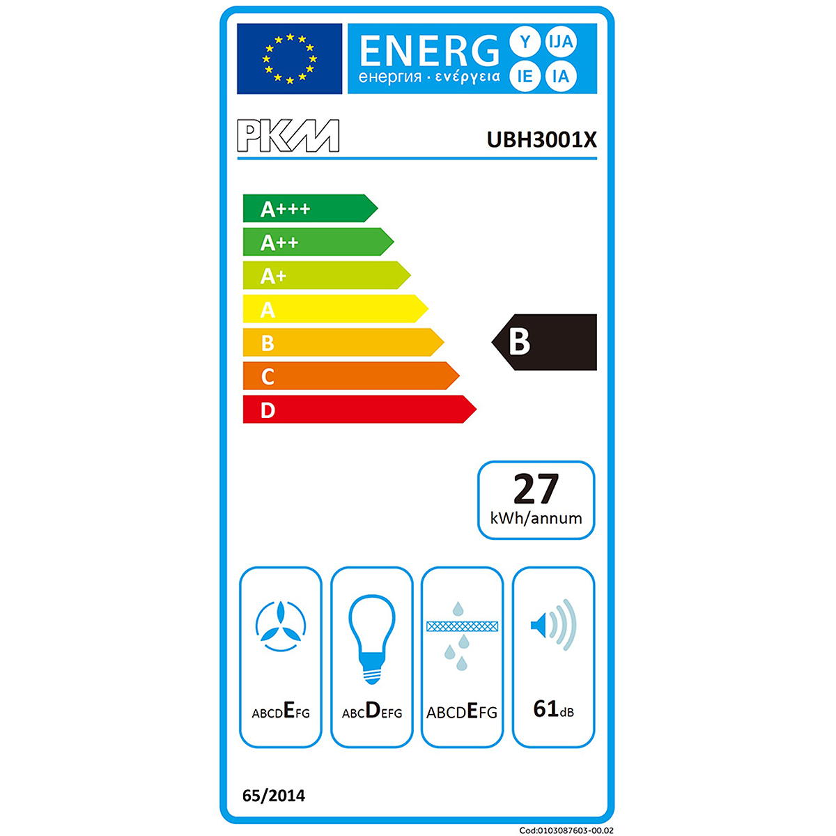 Energielabel für einen Gefrierschrank. Es zeigt Informationen zu Energieverbrauch, Kapazität und Geräuschpegel.