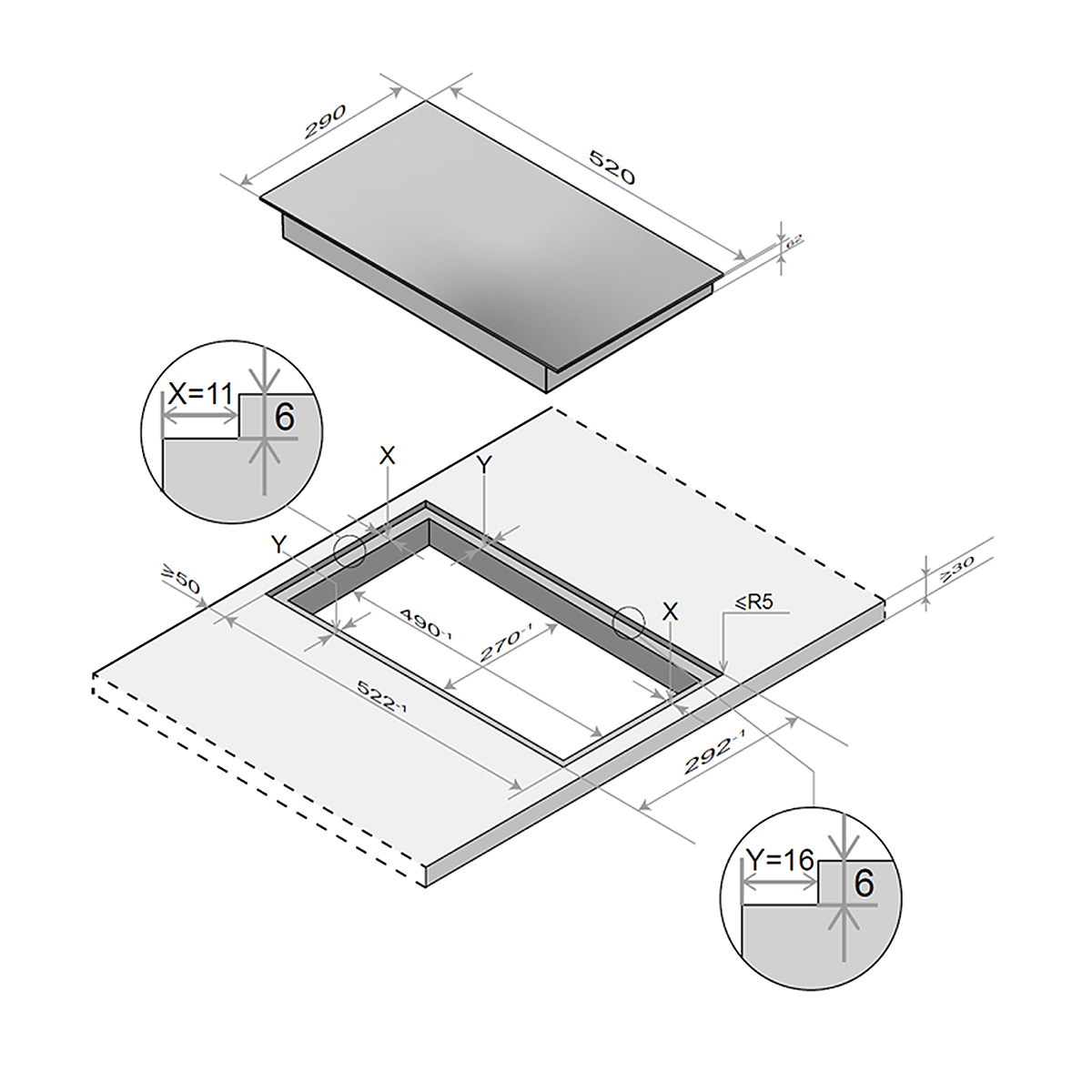 Diagramm eines Kochfelds mit Maßen. Das Kochfeld ist silberfarben und in eine Arbeitsplatte eingesetzt.